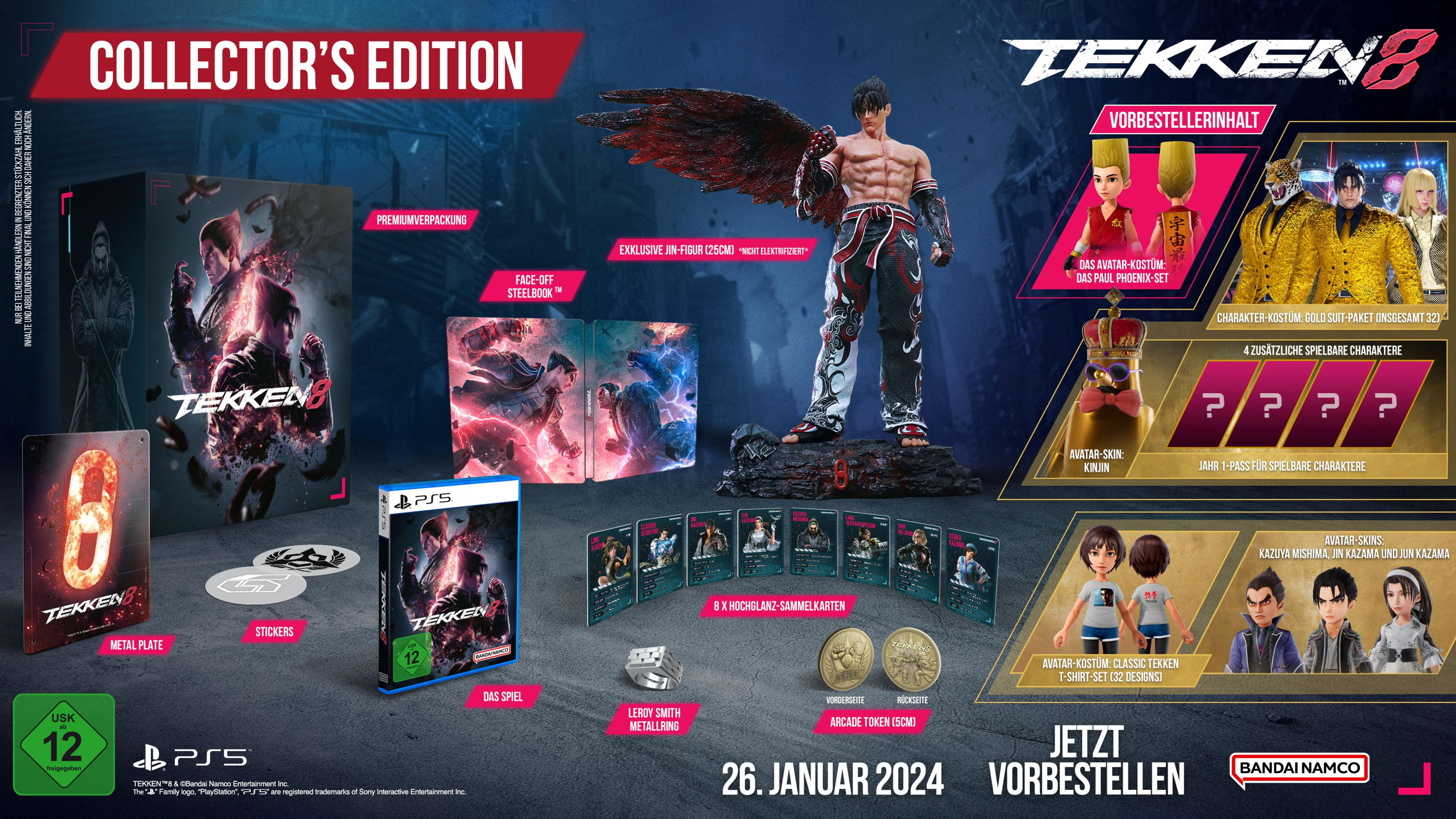 Tekken 8 Collector's Edition mit Figuren, Spiel-Disc und Karten.