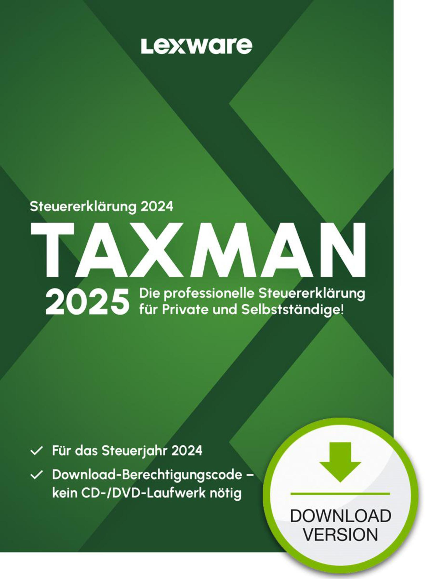 Scatola software fiscale, verde e bianca, titolo TAXMAN 2025.