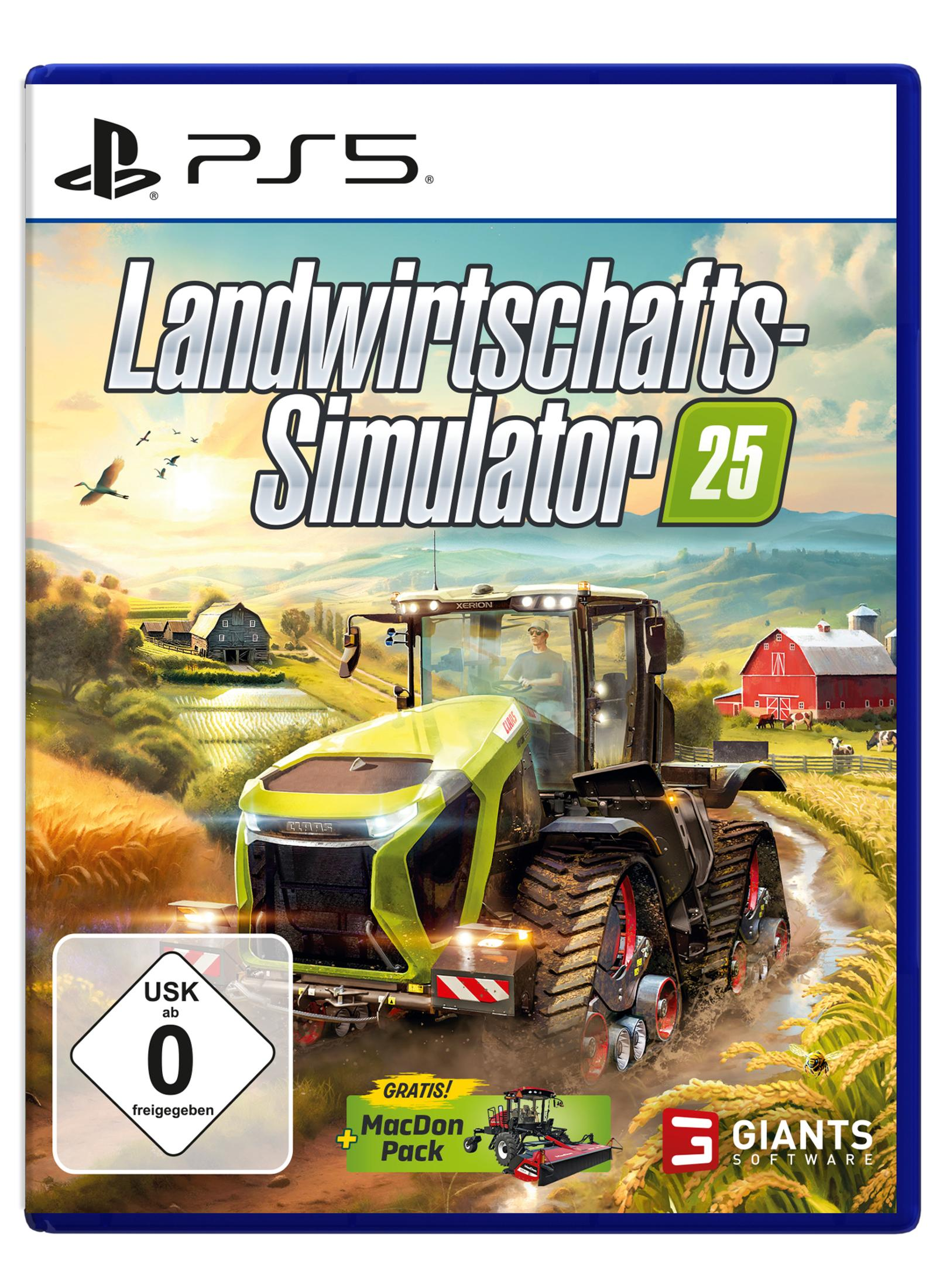 PS5-Spielbox von Landwirtschafts-Simulator 25, mit einem Traktor auf der Vorderseite.