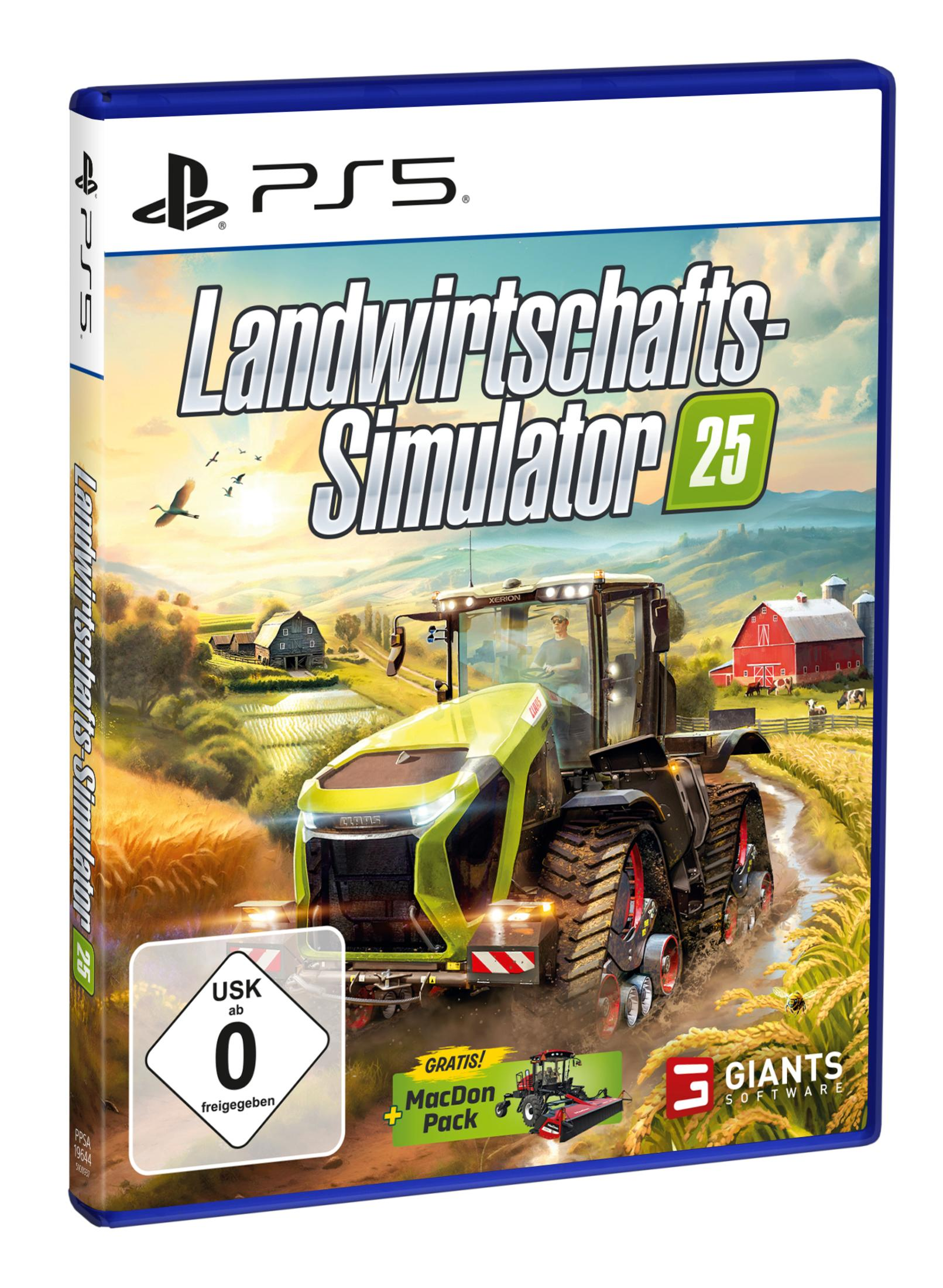 PS5-Spielverpackung für 'Landwirtschafts Simulator 25', mit einem Traktor auf einem Feld.