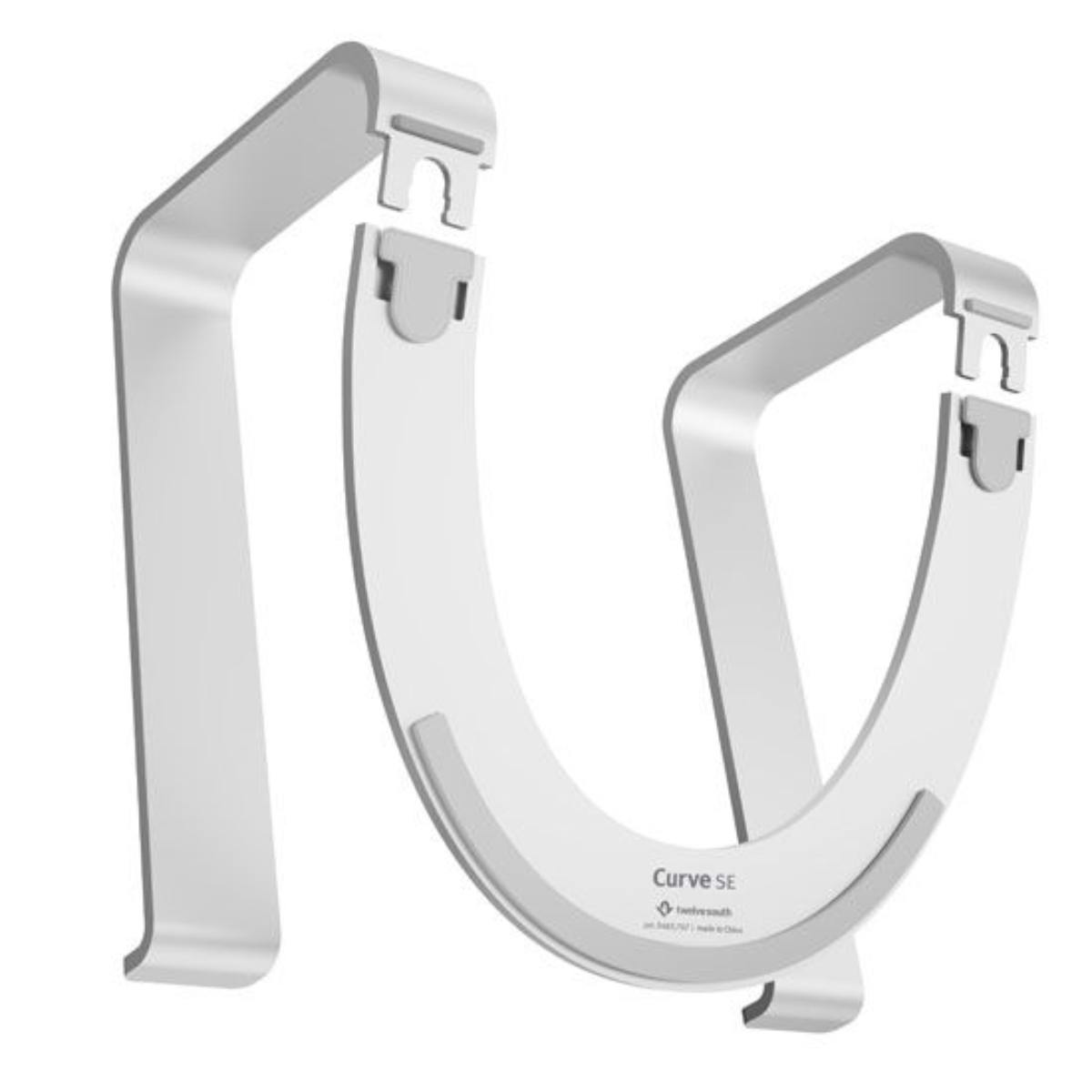 Supporto per laptop argentato. Due parti, che si collegano a forma di U.