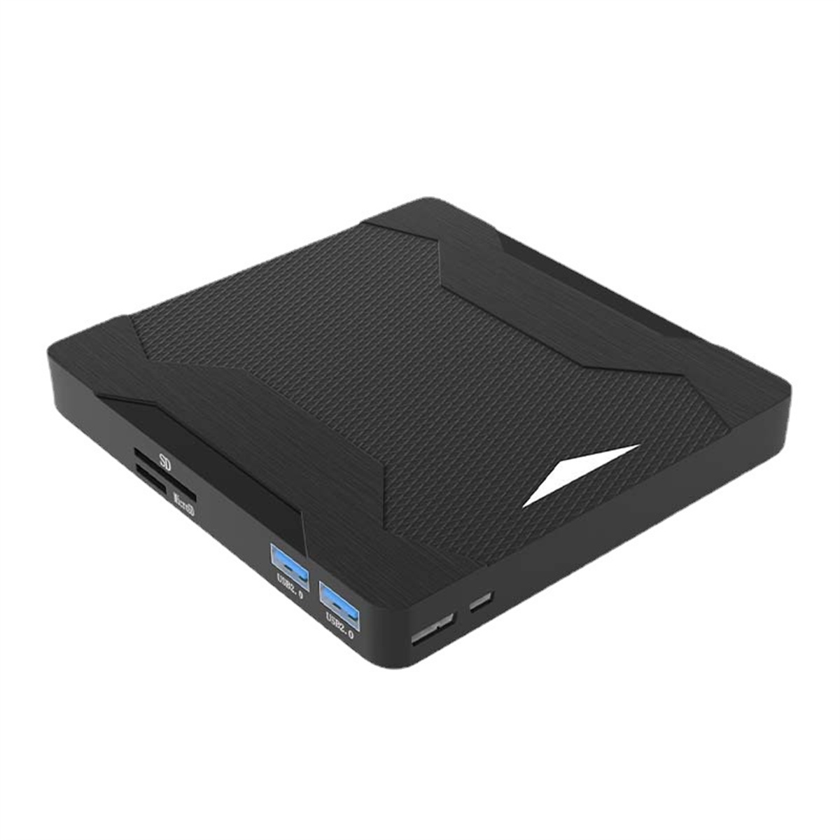 Schwarze TV-Box mit mehreren Anschlüssen, SD und USB, und einem weißen Logo.