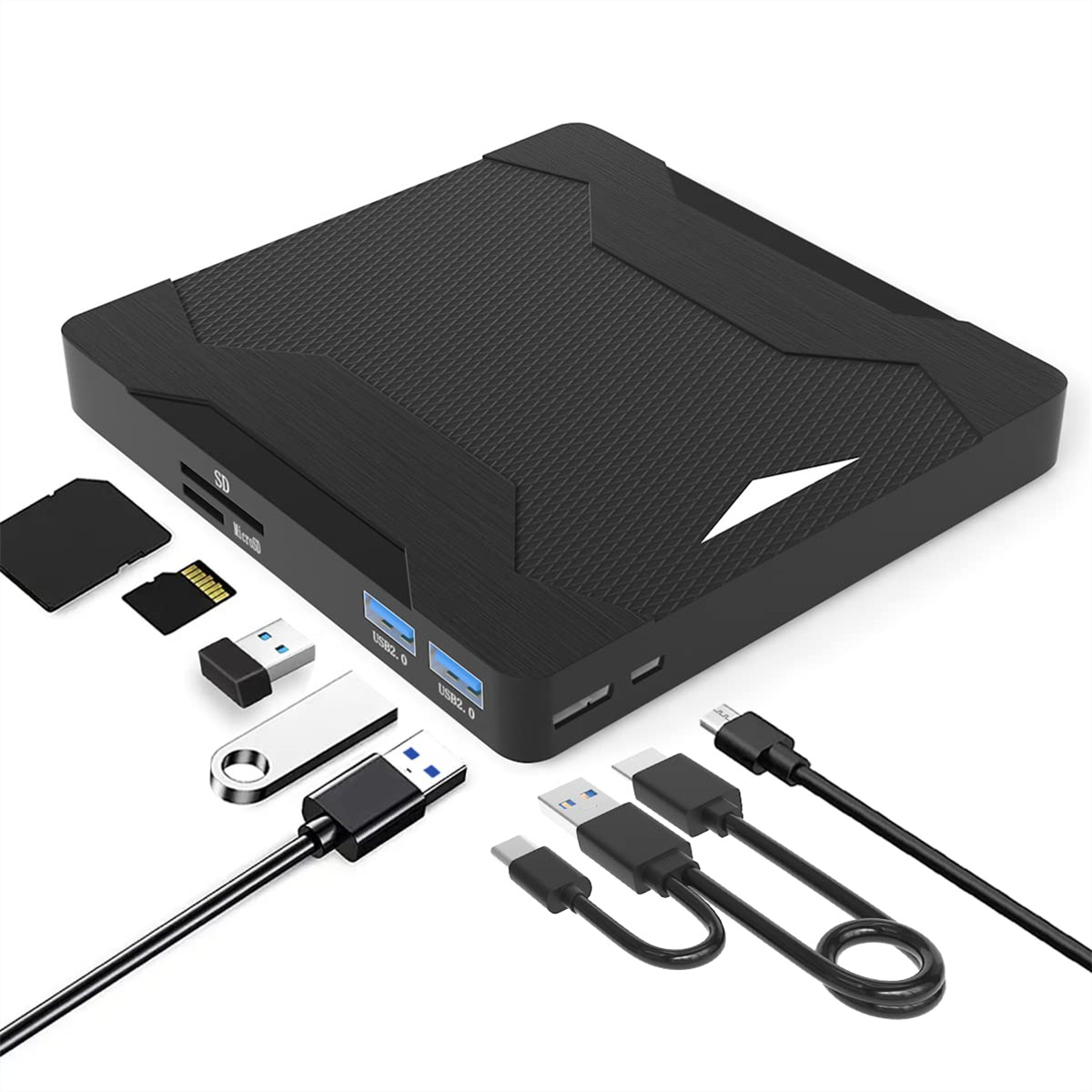 Schwarze TV-Box mit Zubehör: SD-Karten, USB-Laufwerke und Ladekabeln.