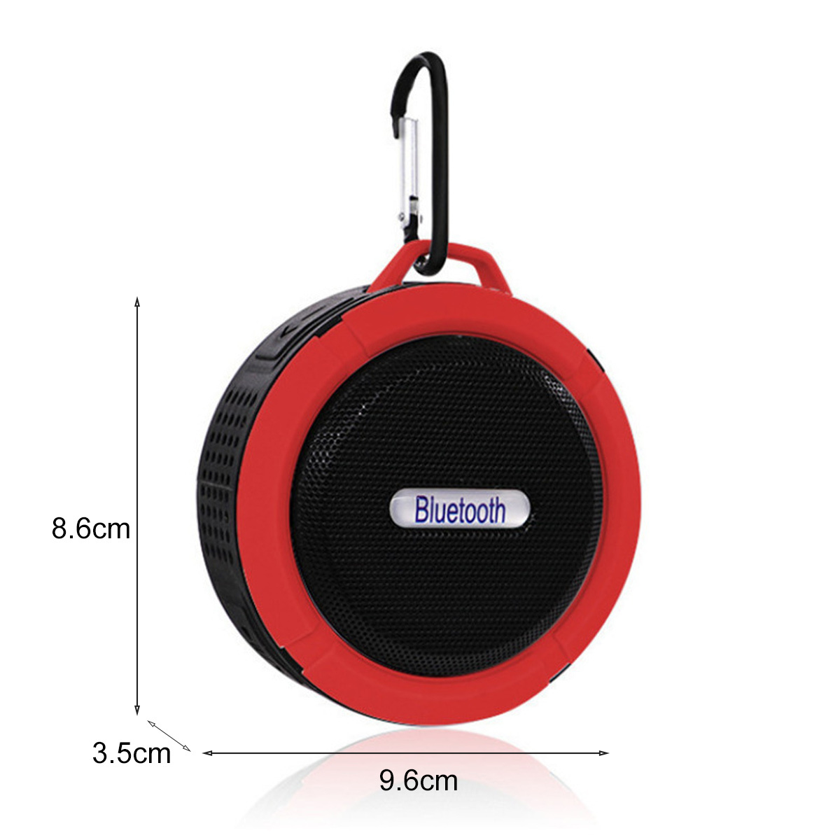 Roter und schwarzer Bluetooth-Lautsprecher mit Karabiner. Weißer Hintergrund.