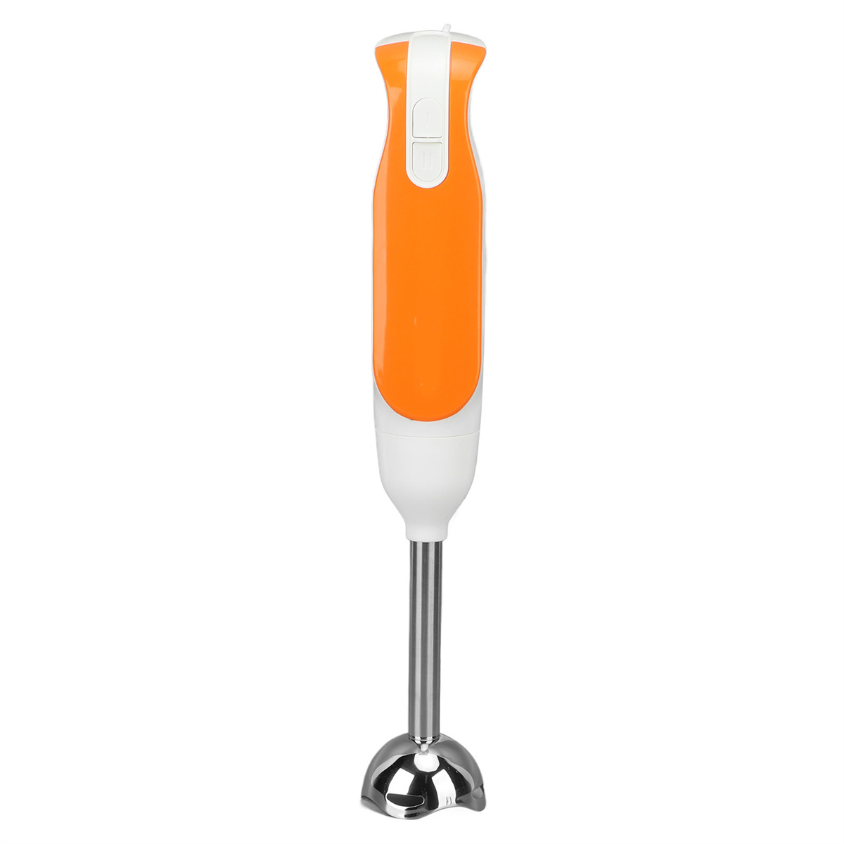 Ein orangefarbener und weißer Stabmixer. Weißer Hintergrund.