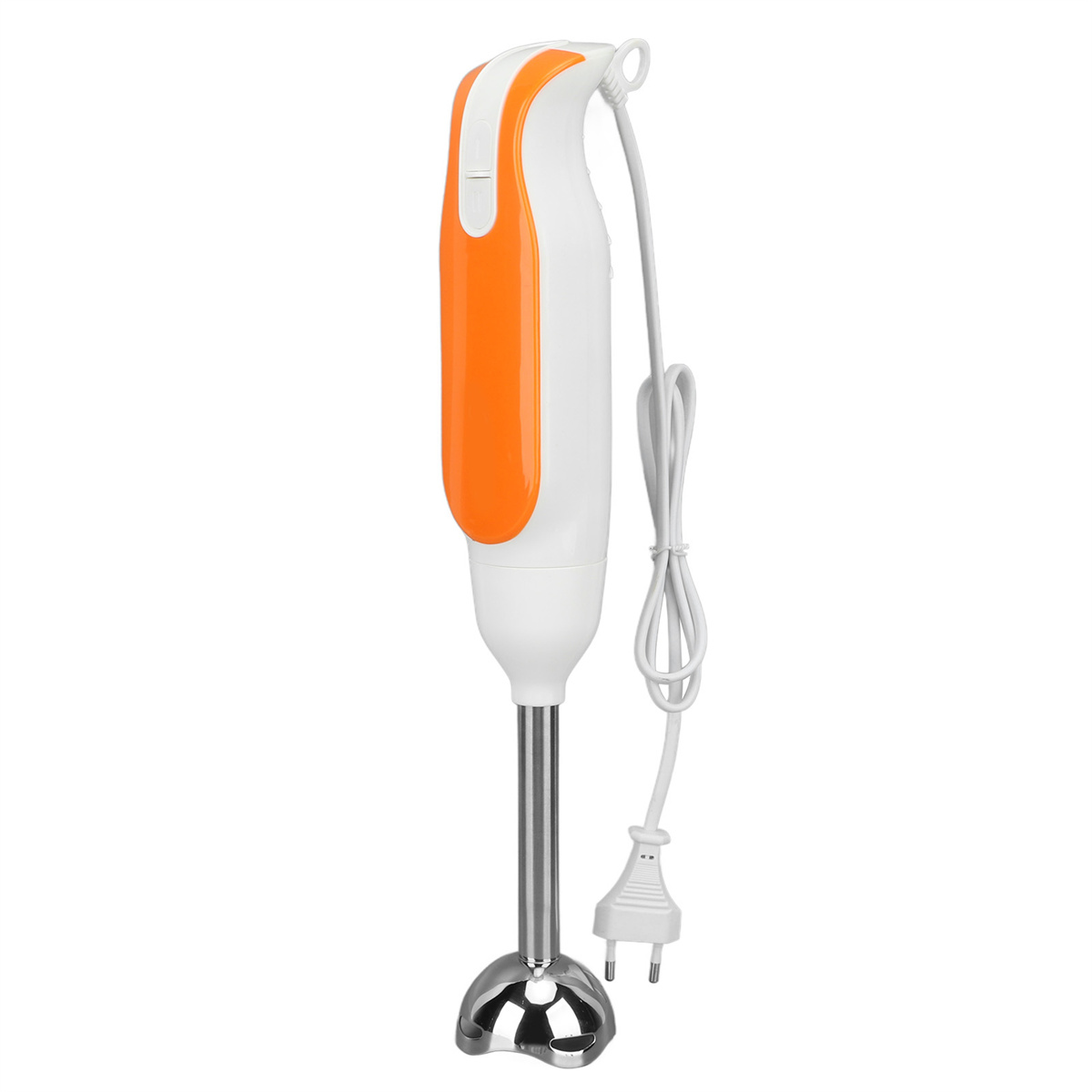 Stabmixer mit weiß-orangefarbenem Gehäuse. Edelstahl-Mixkopf mit Netzkabel.