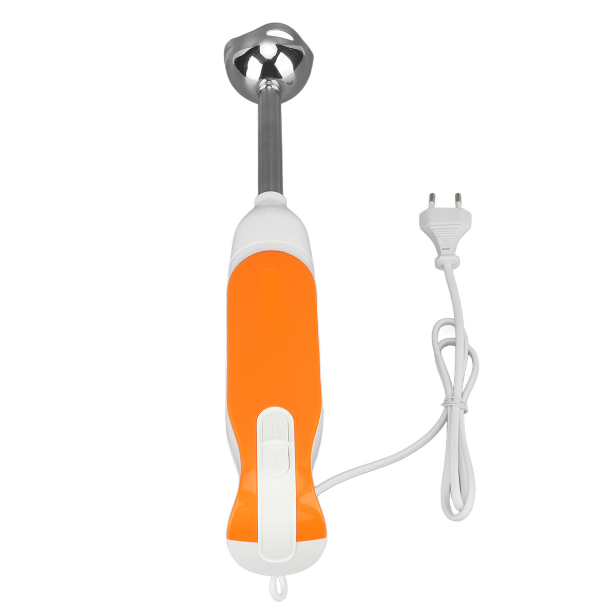 Oranger und weißer Stabmixer mit weißem Kabel. Silberner Mixkopf. Weißer Hintergrund.