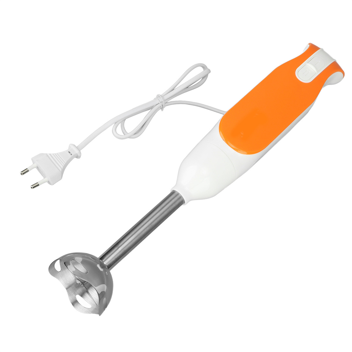 Ein weißer und orangefarbener Stabmixer mit Edelstahl-Mixkopf und Kabel.