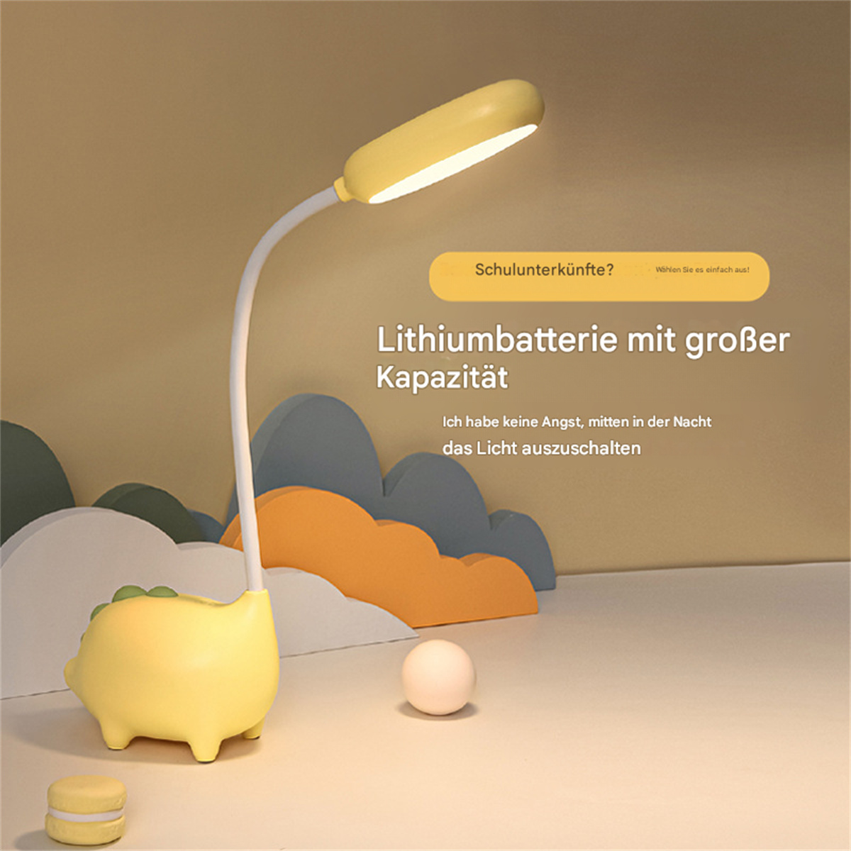 Eine gelbe Schreibtischlampe mit flexiblem Hals und einem Sockel im Cartoon-Stil, mit Text.
