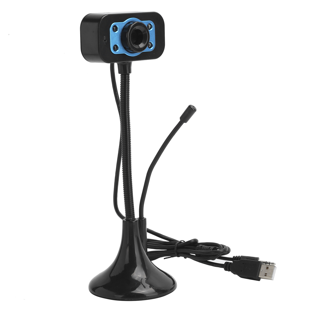 Schwarze Webcam mit verstellbarem Arm und Mikrofon. Blaue Akzente an der Kamera.