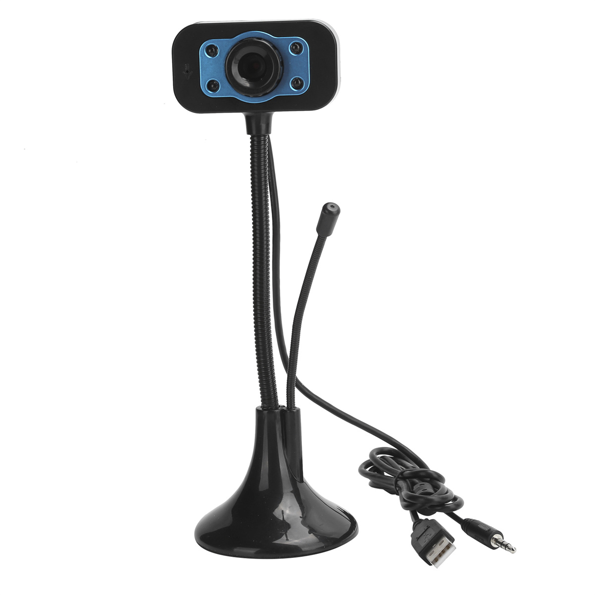 Schwarze Webcam mit flexiblem Hals und USB- und Audioanschlüssen, auf weißem Hintergrund.