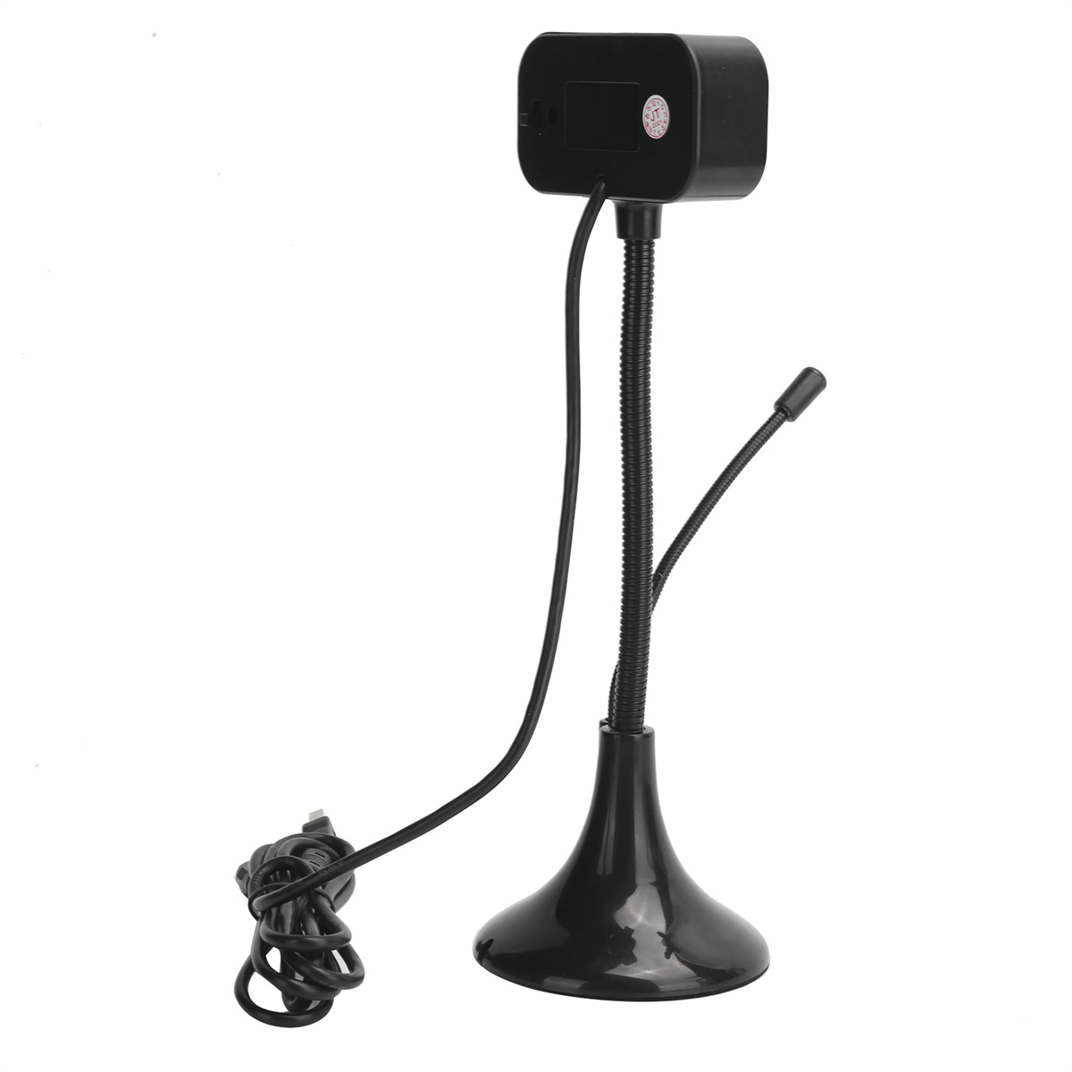 Eine schwarze Webcam mit flexiblem Hals und Mikrofon. Sie befindet sich auf weißem Hintergrund.