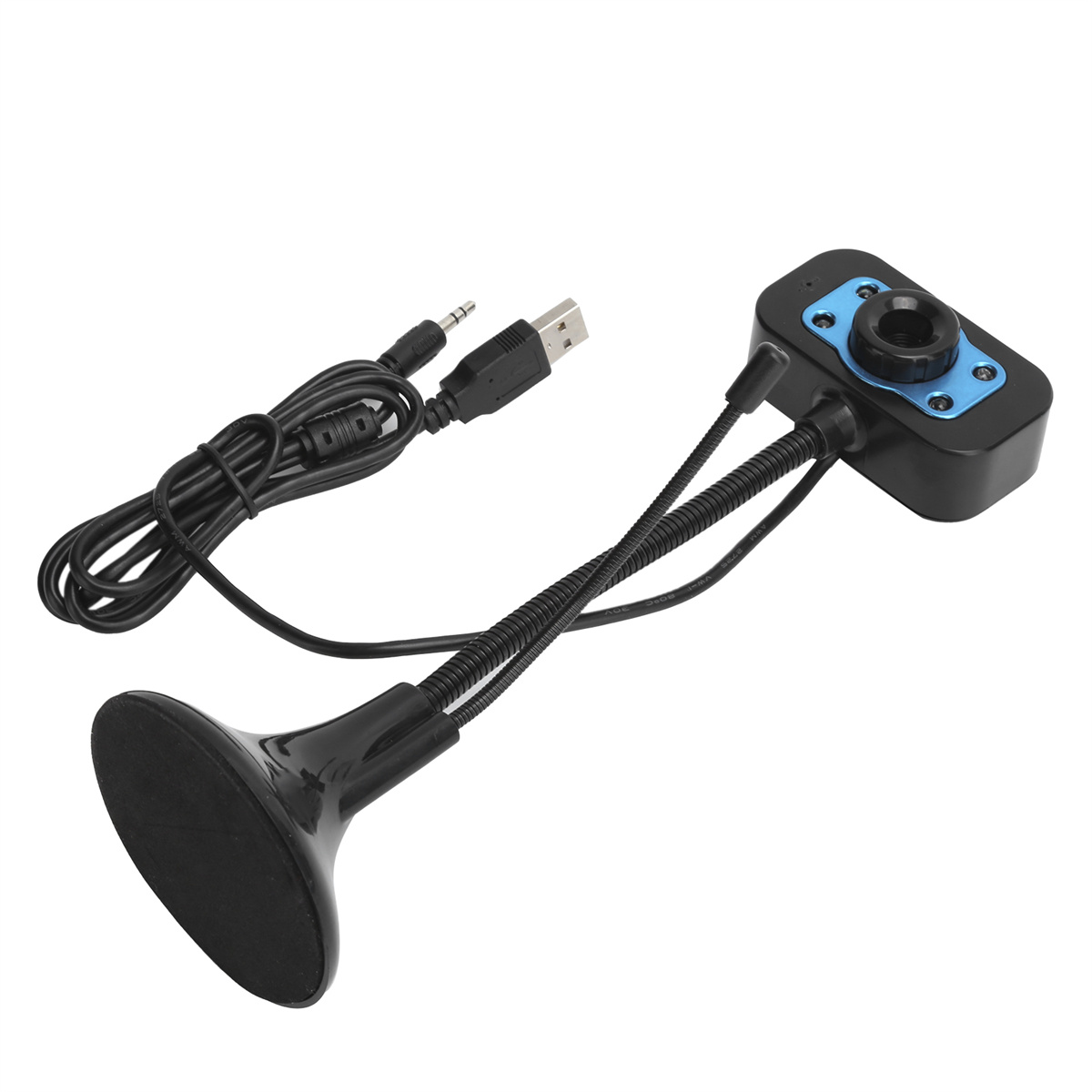 Eine schwarze Webcam mit flexiblem Arm und USB-Kabel, auf weißem Hintergrund.