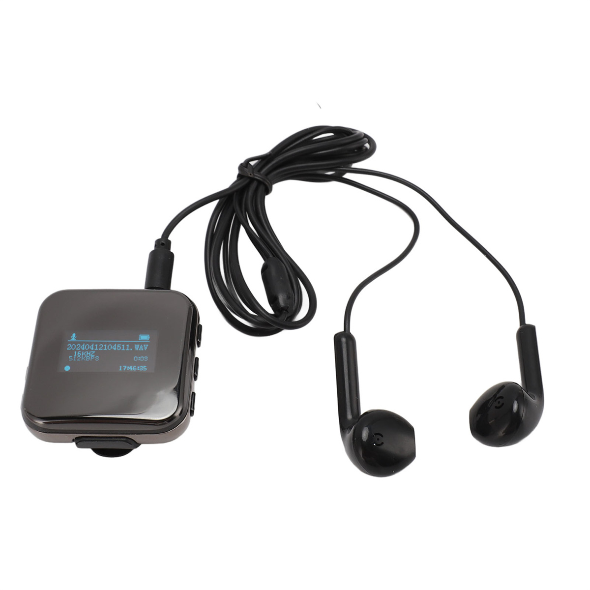 Schwarzer digitaler Musikplayer mit Kopfhörern, auf weißem Hintergrund.