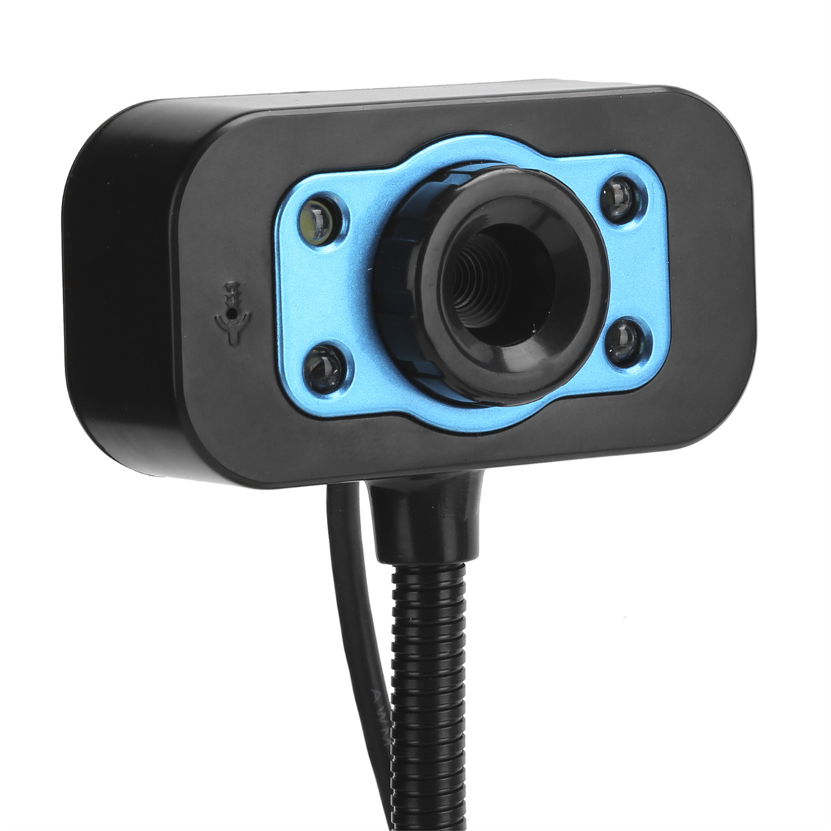 Eine schwarz-blaue Webcam mit einem schwarzen, flexiblen Hals. Die Webcam ist zentriert.