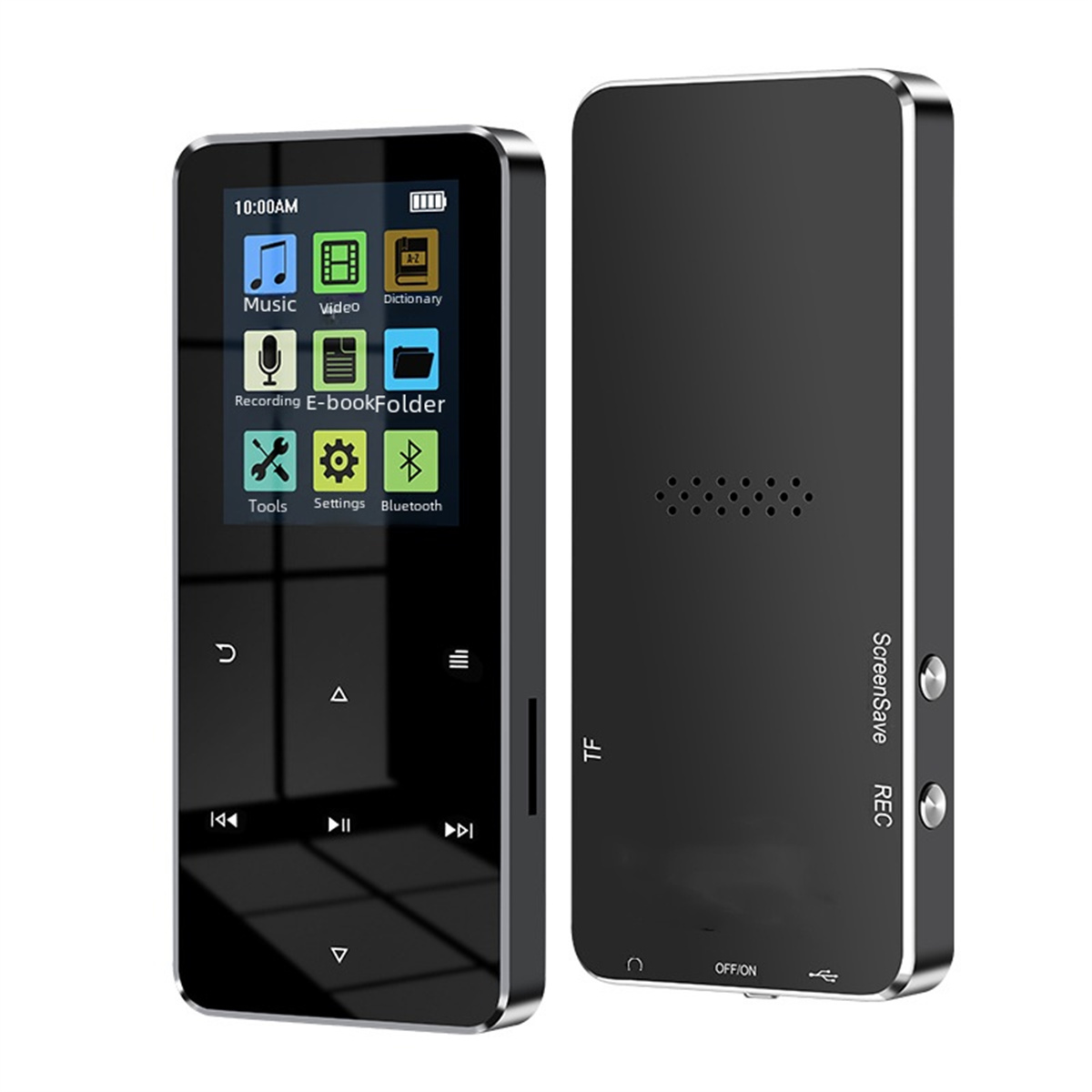 Ein schwarzer MP3-Player mit einem Bildschirm, der Symbole anzeigt, einschließlich Musik, Video und Einstellungen.