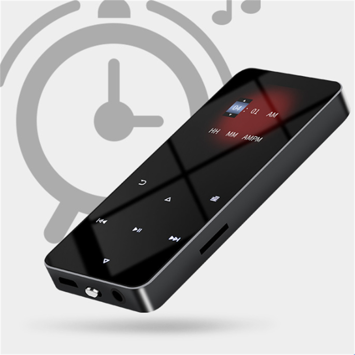 Schwarzer rechteckiger Musikplayer mit Bildschirm, der die Zeit anzeigt. Er hat Wiedergabesteuerungen.