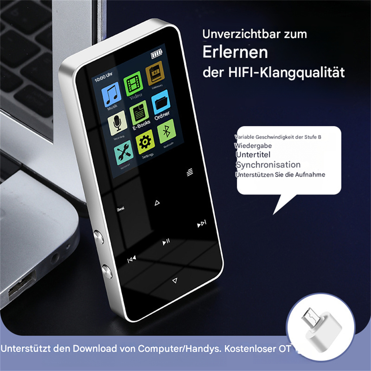 Ein silber-schwarzer tragbarer Musikplayer mit Bildschirm.