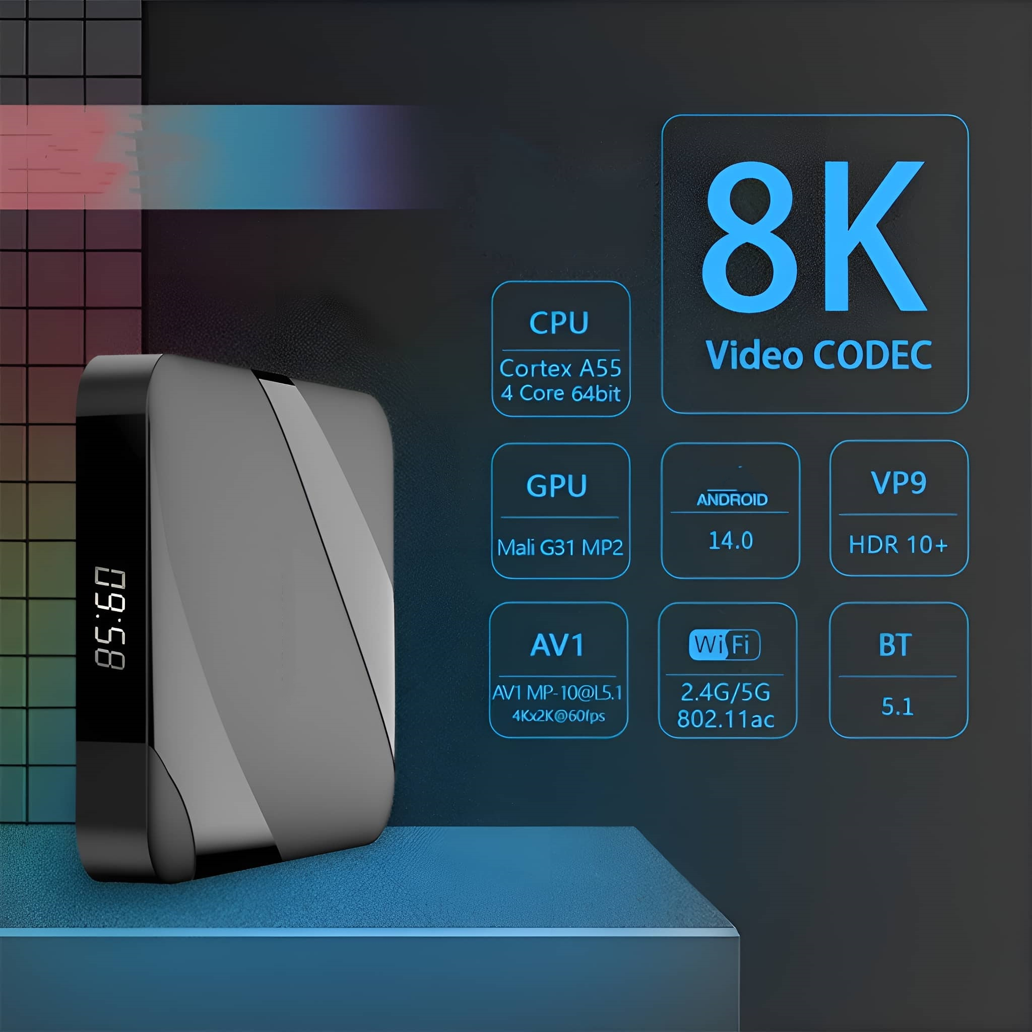 Schwarze Streaming-Box mit Infos für CPU, GPU, AV1, Wi-Fi und BT. Unterstützt 8K Video.