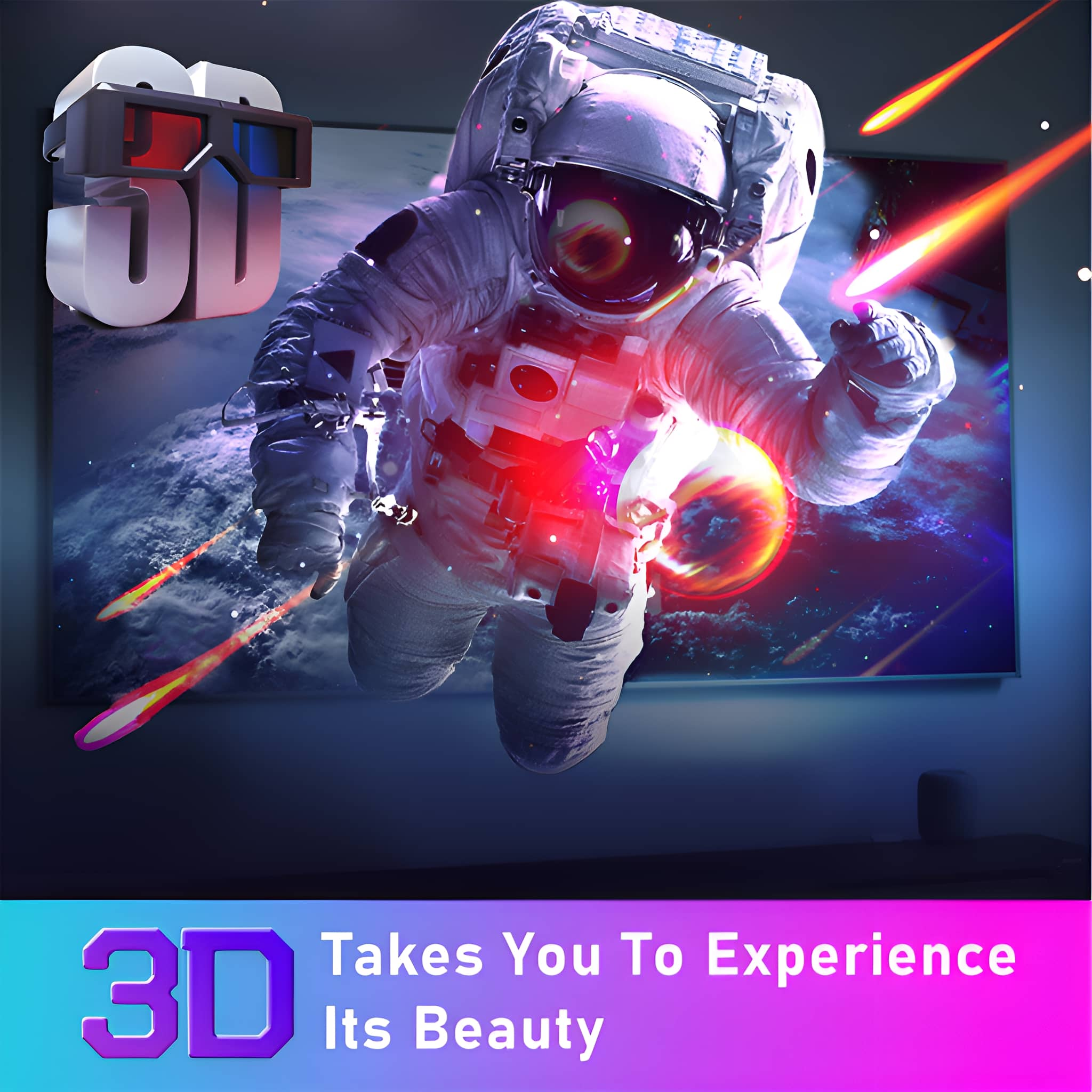3D-Brille, Astronaut im Weltraum und ein Bildschirm mit Meteoriten. Der Hintergrund ist dunkel.