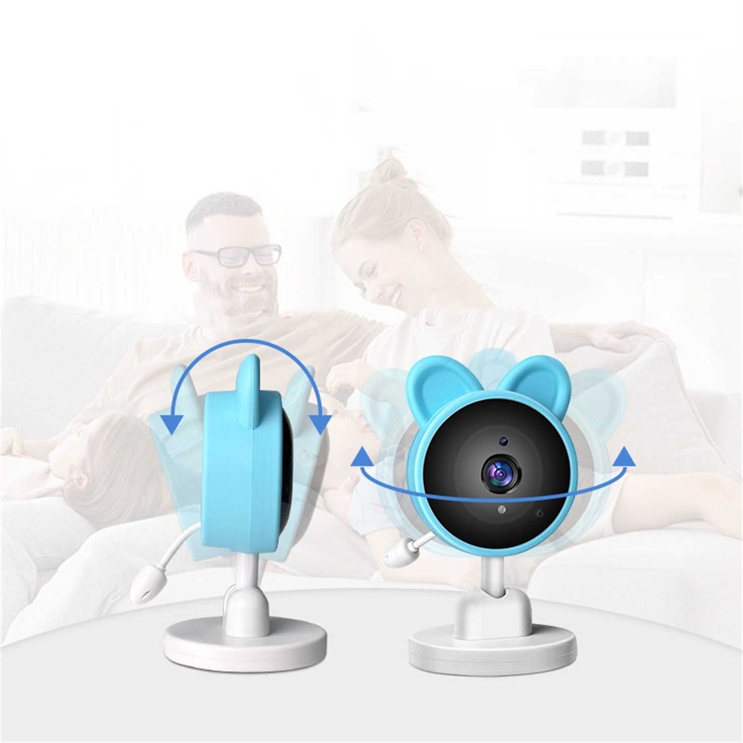 Zwei blaue Babyphone mit Ohren, seitlich positioniert, mit unscharfem Hintergrund von Personen.