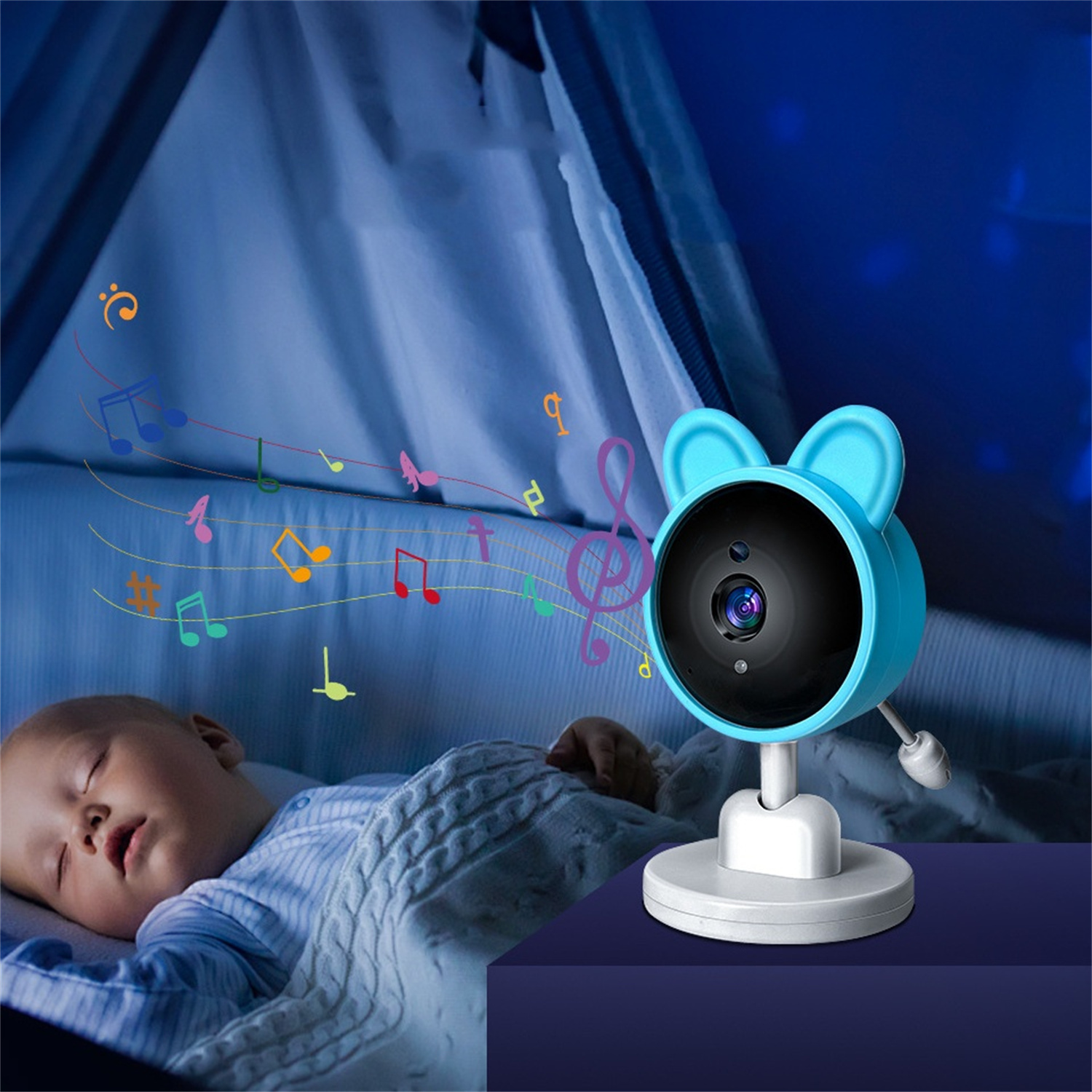 Ein Babyphone mit einem Baby, das in einem Kinderbett schläft, mit Noten herum und einem blau-weißen Thema.