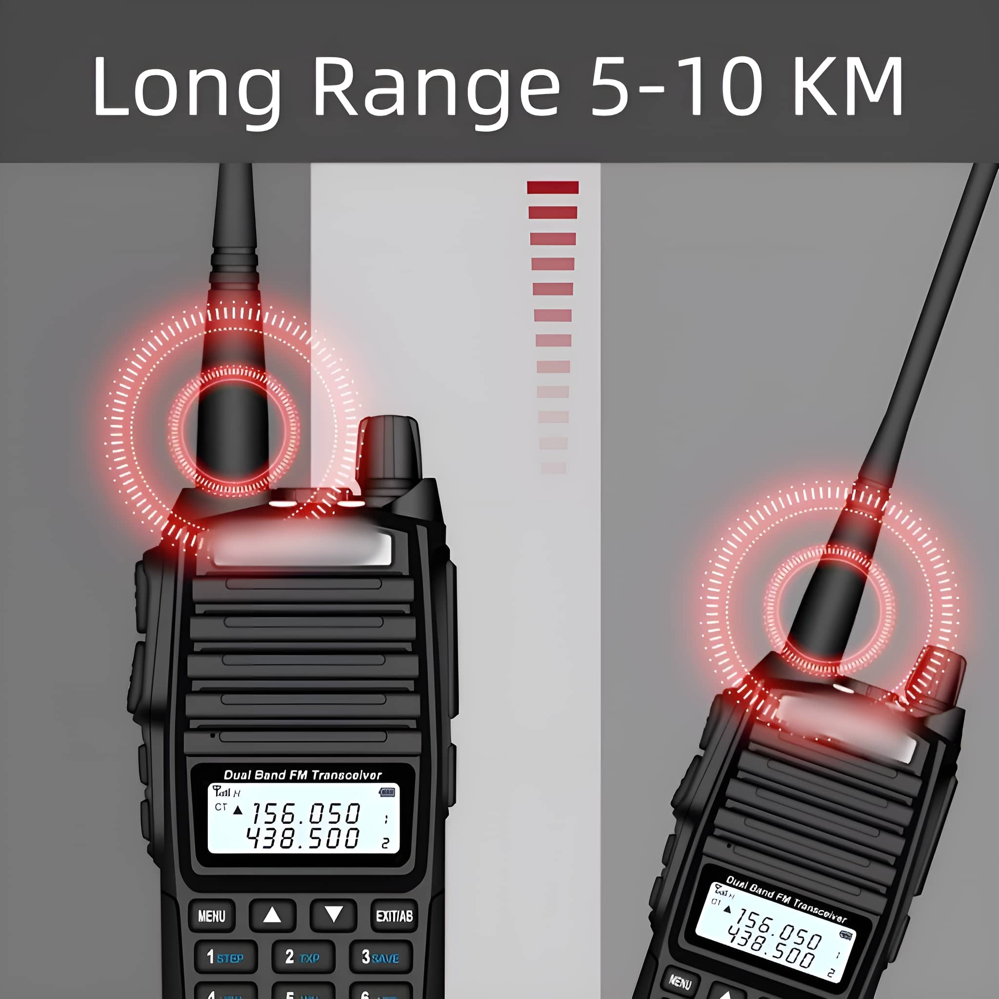Zwei schwarze Walkie-Talkies mit Funkwellengrafiken, Text: Long Range 5-10 KM.