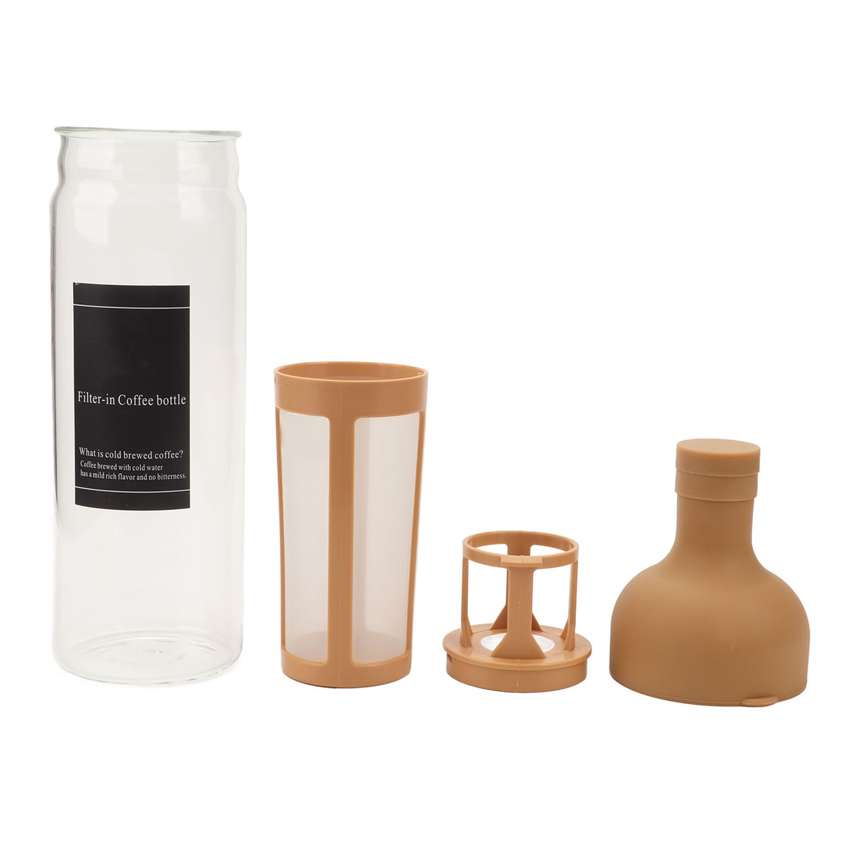Glaskaffeeflasche mit Filtersystem. Enthält Flasche, Filter, Boden und Deckel.