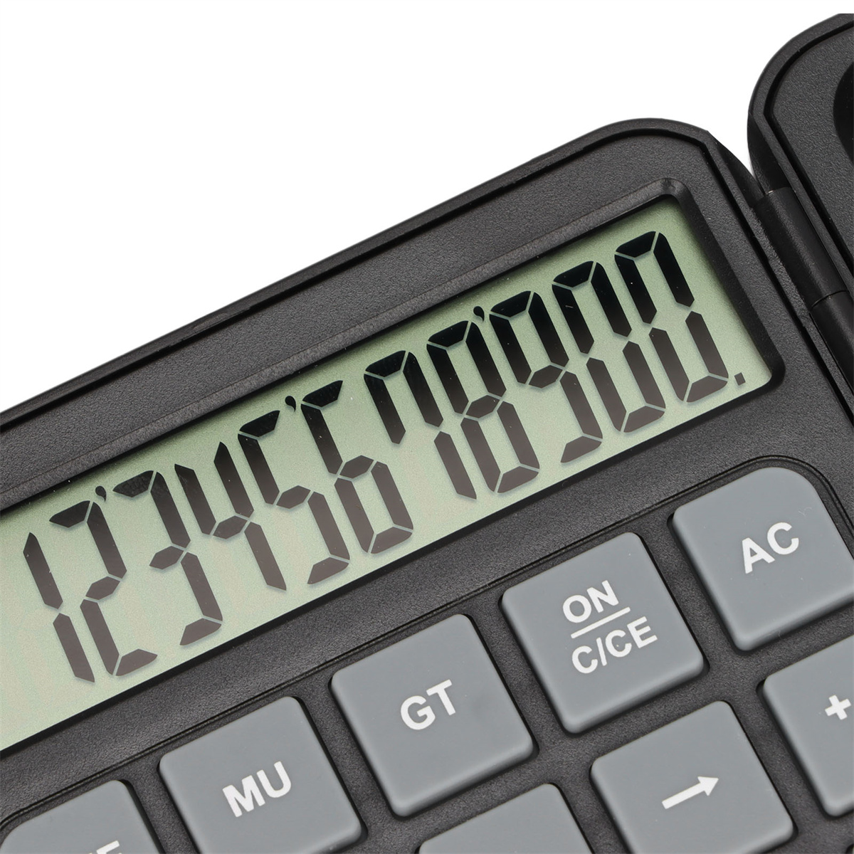Taschenrechner mit großem Display, das Zahlen zeigt. Schwarze Tasten mit weißem Text. Nahaufnahme.