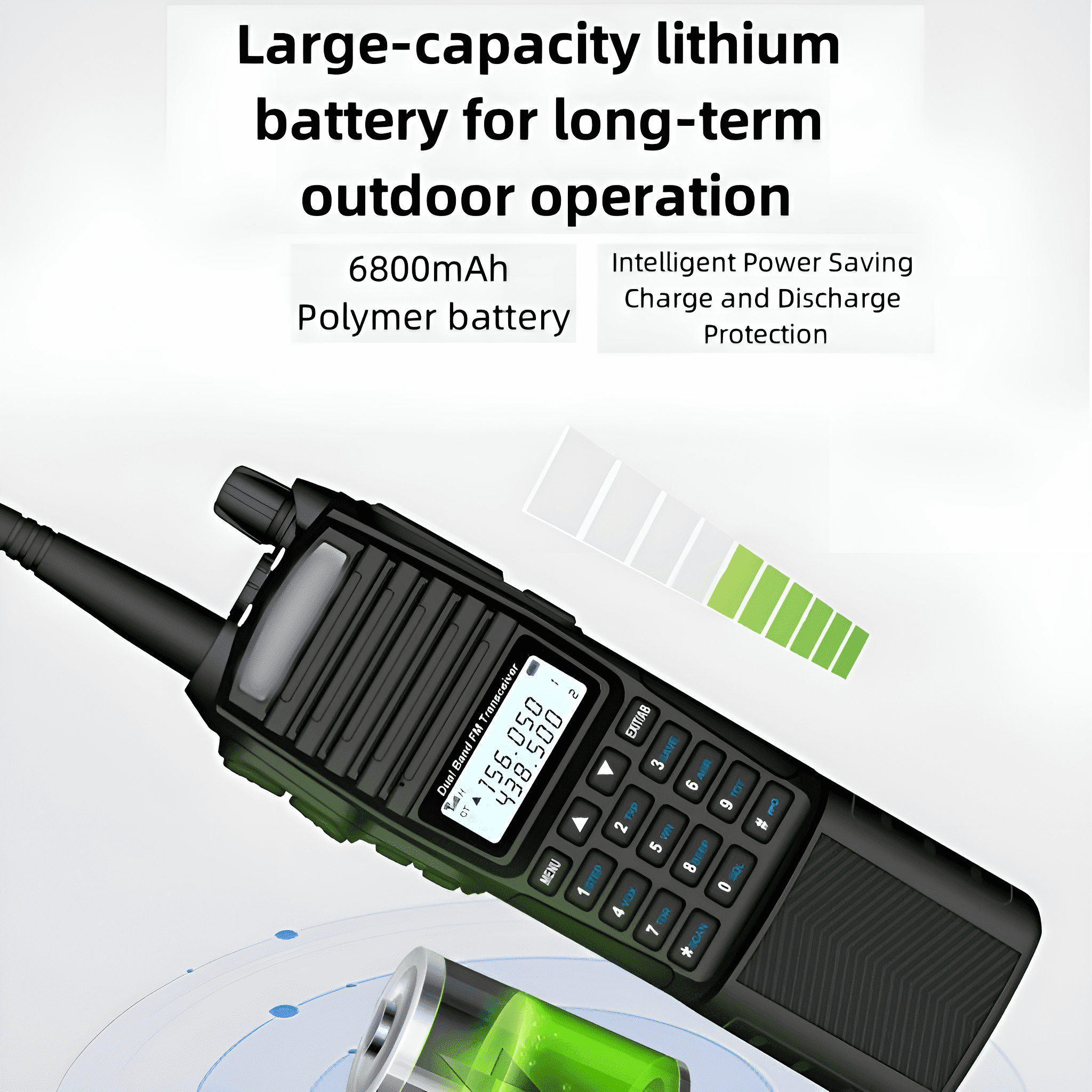 Schwarzes Funkgerät mit einem Bildschirm, der Zahlen und ein Batteriesymbol anzeigt, und Text.