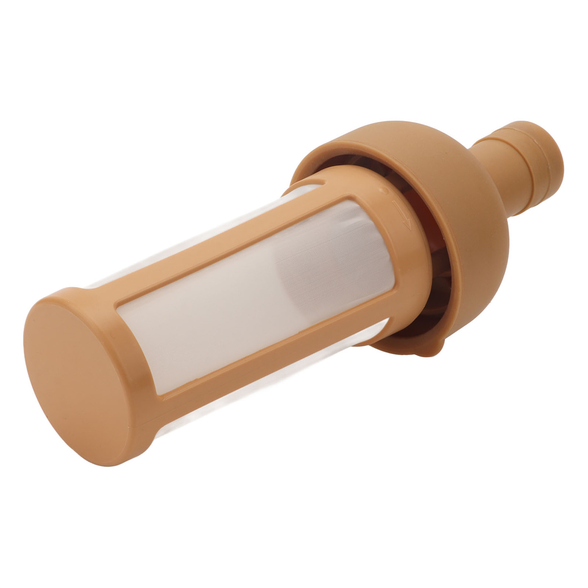 Beige-weißer Kraftstofffilter mit brauner Kappe, isoliert auf weißem Hintergrund.