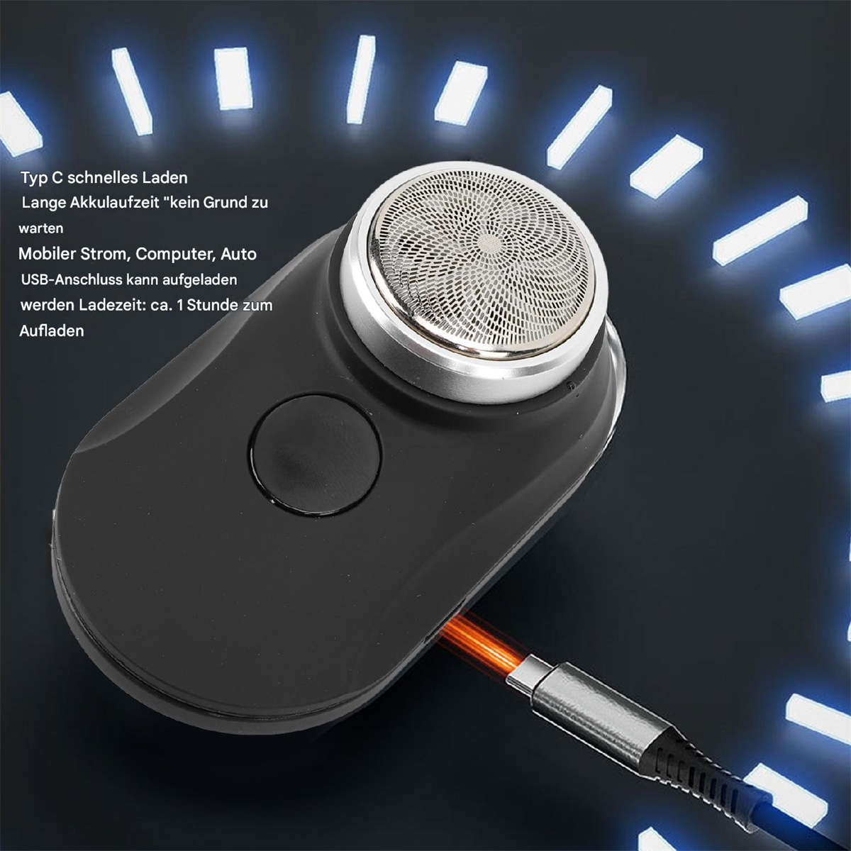Schwarzer Elektrorasierer mit silbernem Kopf, an ein Kabel angeschlossen.