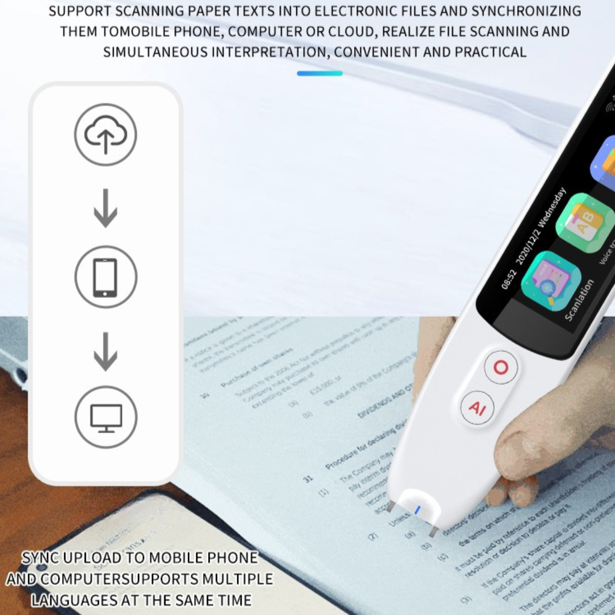 Ein Scan-Stift neben einem Dokument. Pfeile zeigen den Prozess. Text ist auf Englisch und Chinesisch.