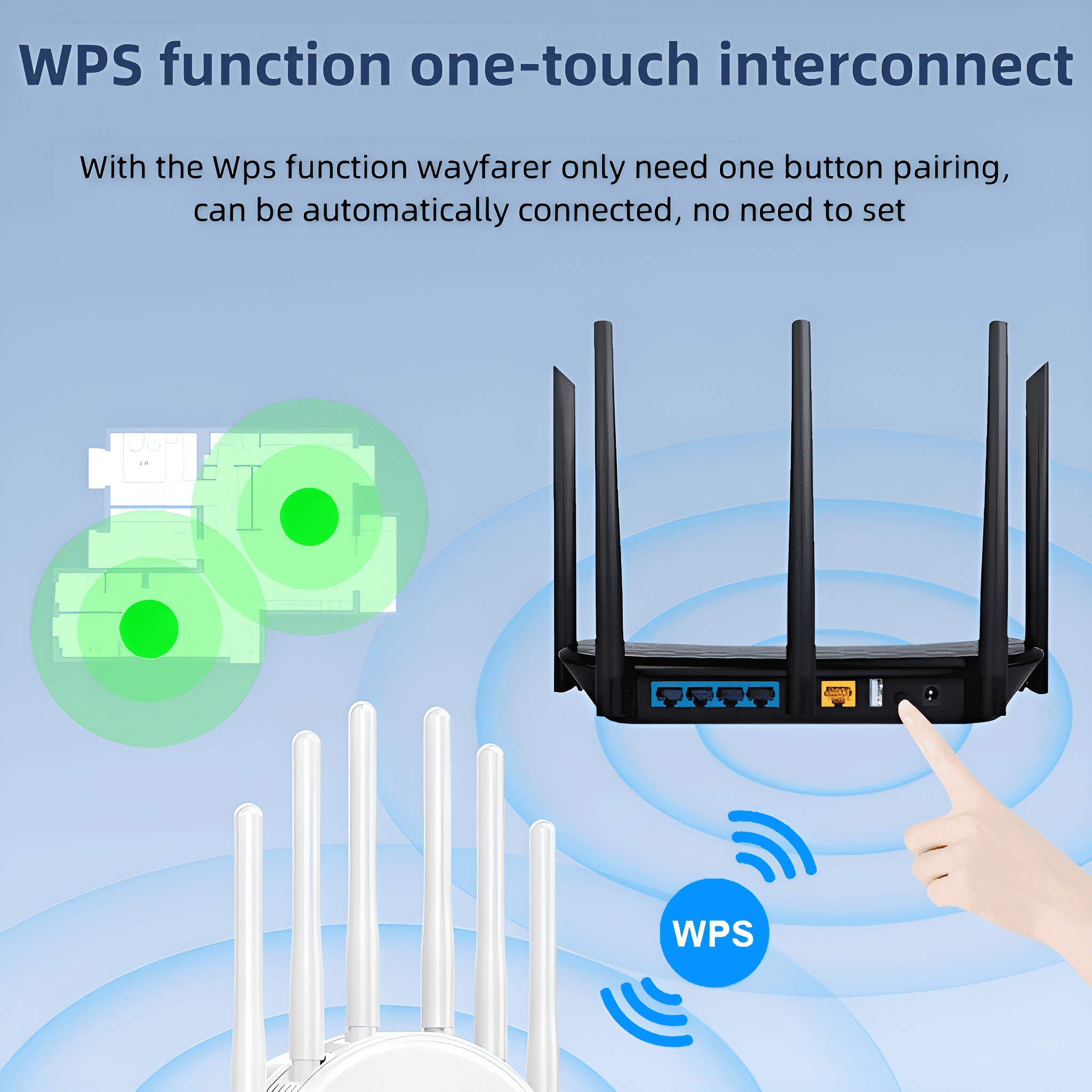 Ein schwarzer Router mit Antennen. Eine Hand berührt einen Knopf. Der Hintergrund ist blau.