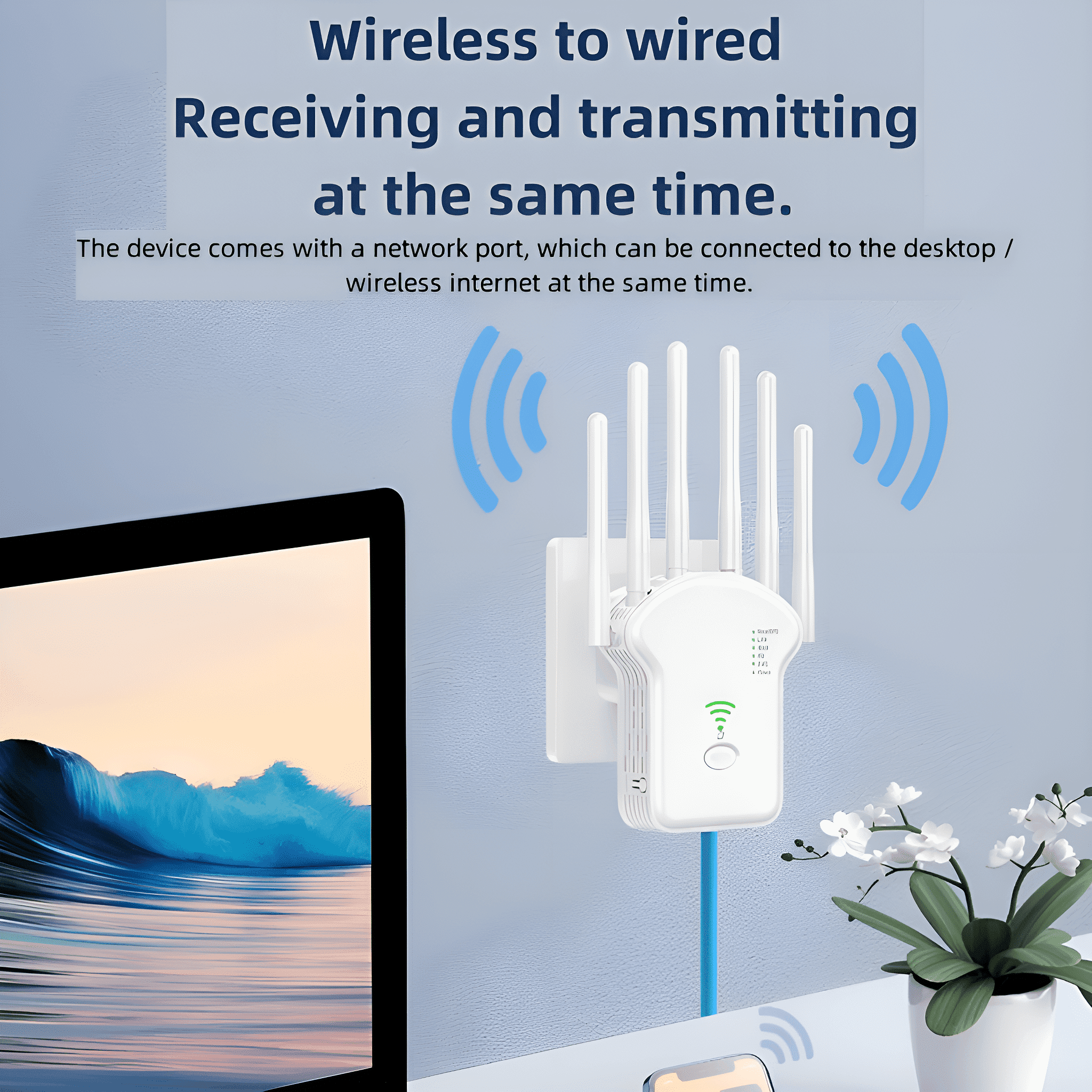 Ein weißer WLAN-Repeater ist eingesteckt. Text-Overlay besagt, dass er gleichzeitig empfängt und sendet.