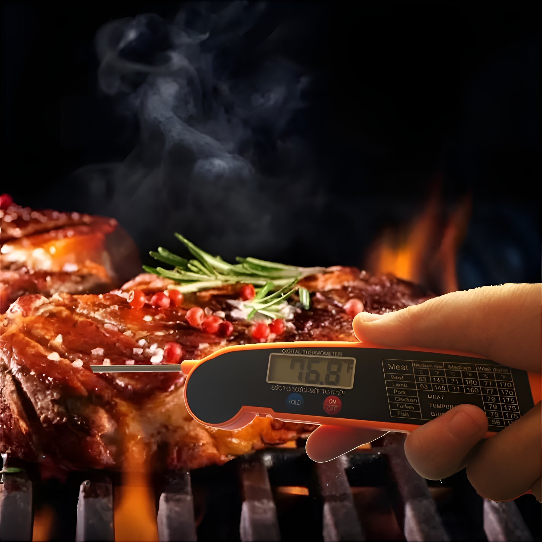 Fleisch auf dem Grill mit einem Thermometer. Das Thermometer zeigt 76,8 Grad an.
