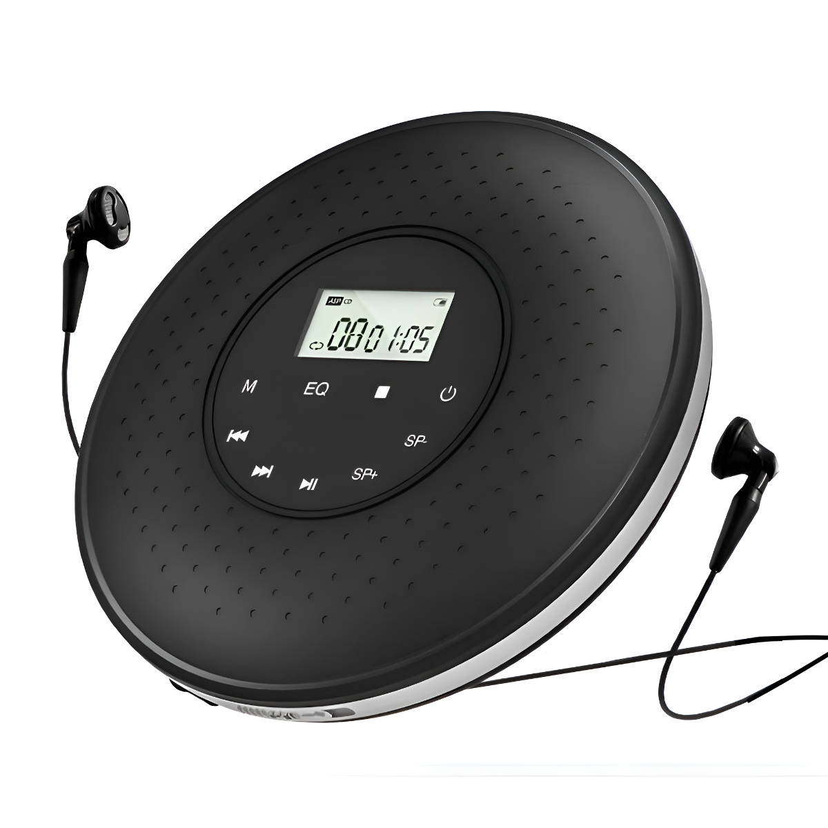 Schwarzer tragbarer CD-Player mit Kopfhörern. Das Display zeigt die Uhrzeit an. Das Gerät ist auf weißem Hintergrund.