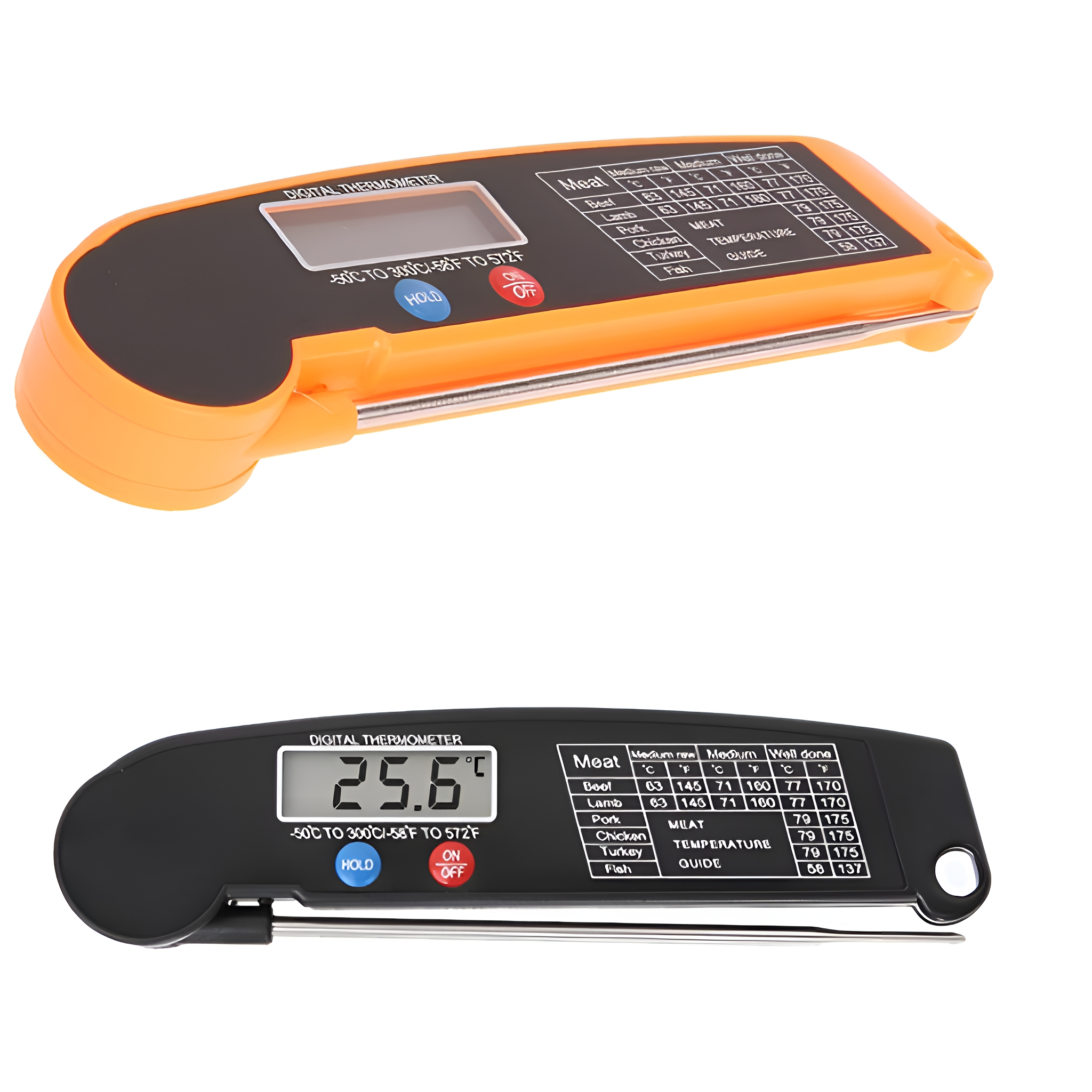Digitales Thermometer mit orangefarbenem und schwarzem Gehäuse. Zeigt Temperatur und Fleischführer an.