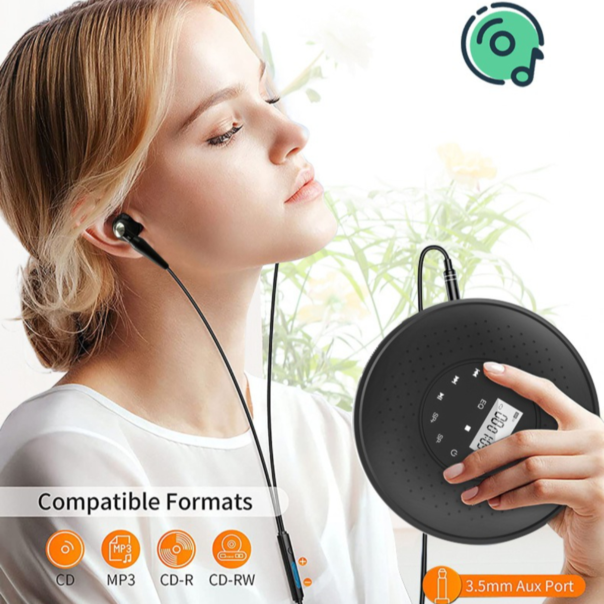 Eine Frau mit Kopfhörern, mit einem tragbaren CD-Player. Der Player hat einen Bildschirm und einen Aux-Anschluss.