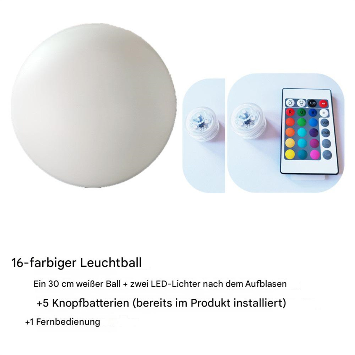 Weiß leuchtender Ball mit zwei kleineren Lichtern und einer Fernbedienung. Text auf Deutsch. Weißer Hintergrund.