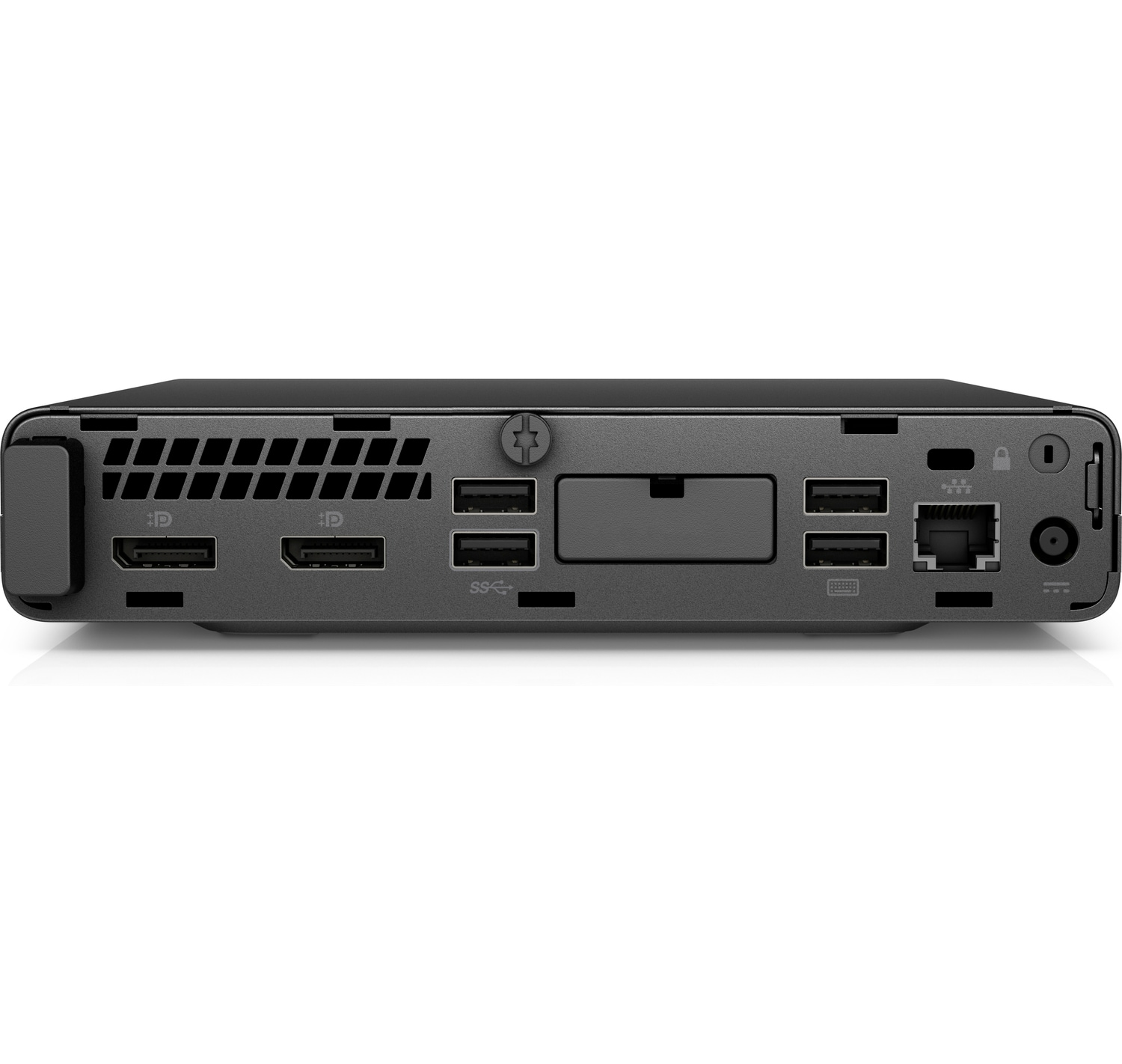 Ein schwarzer Computer mit mehreren Anschlüssen. Die Anschlüsse sind auf der Rückseite angeordnet.