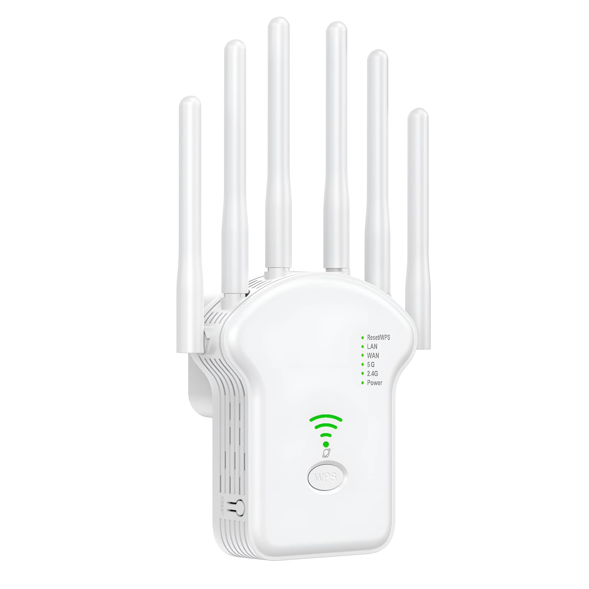 Weißer WLAN-Router mit fünf Antennen. Es hat grüne Lichter, die die Konnektivität anzeigen.