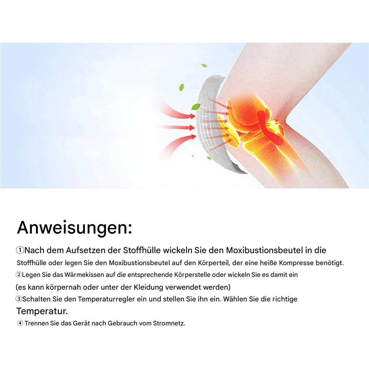 Ein Bild zeigt Anweisungen zur Verwendung eines Heizkissens am Knie einer Person.
