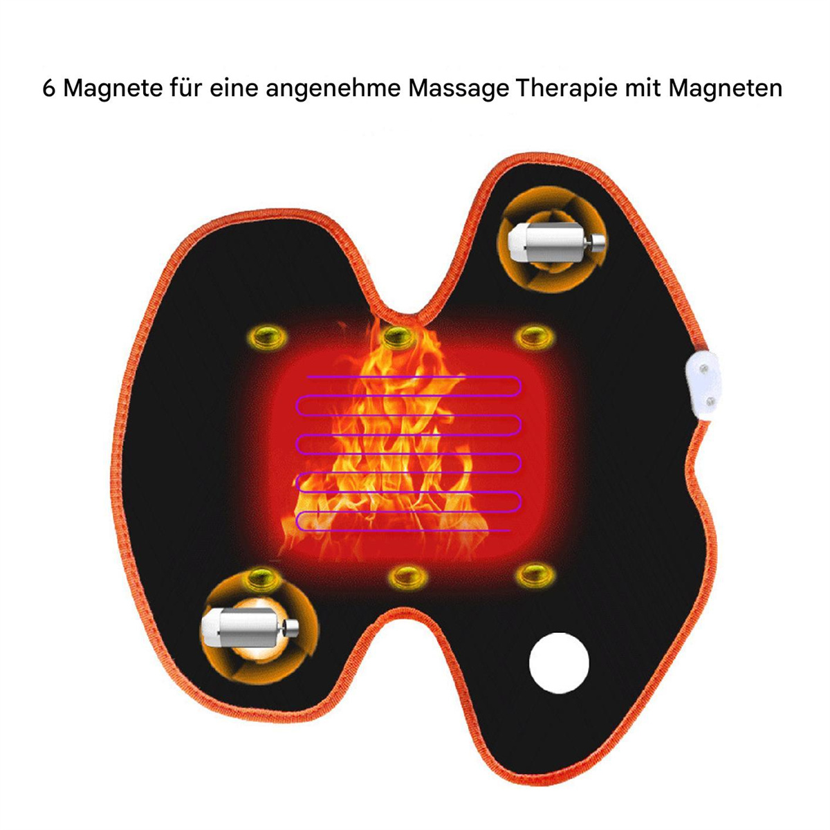 Schwarzes Massagepad mit Magneten, rotem Heizmuster und Text. Weißer Hintergrund.