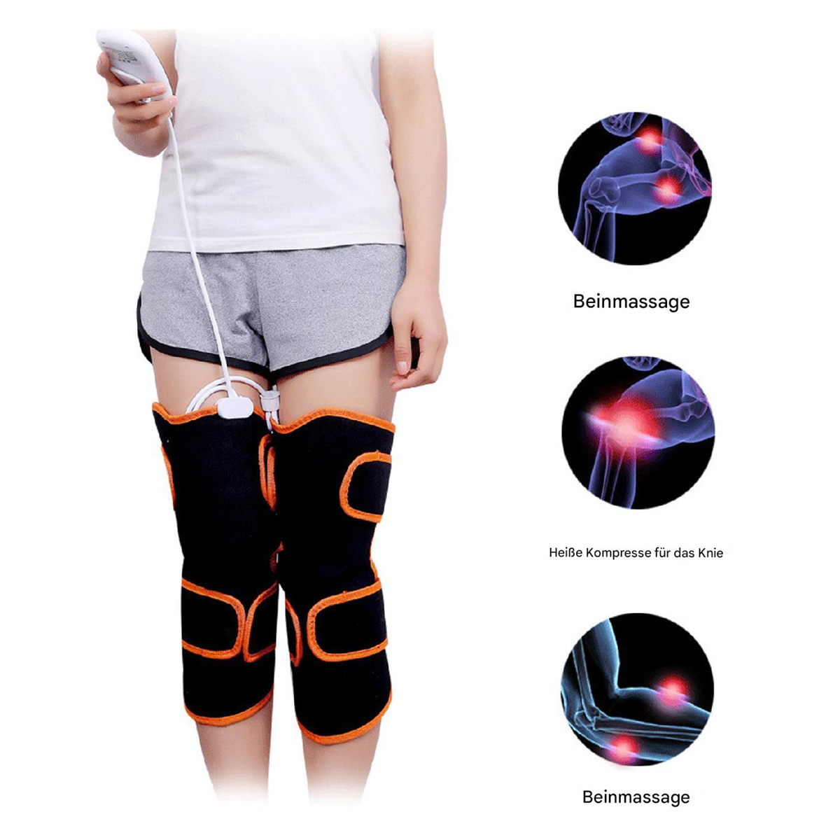 Person mit Knieorthesen und Gerät, Diagramme von Knie und Ellbogen.