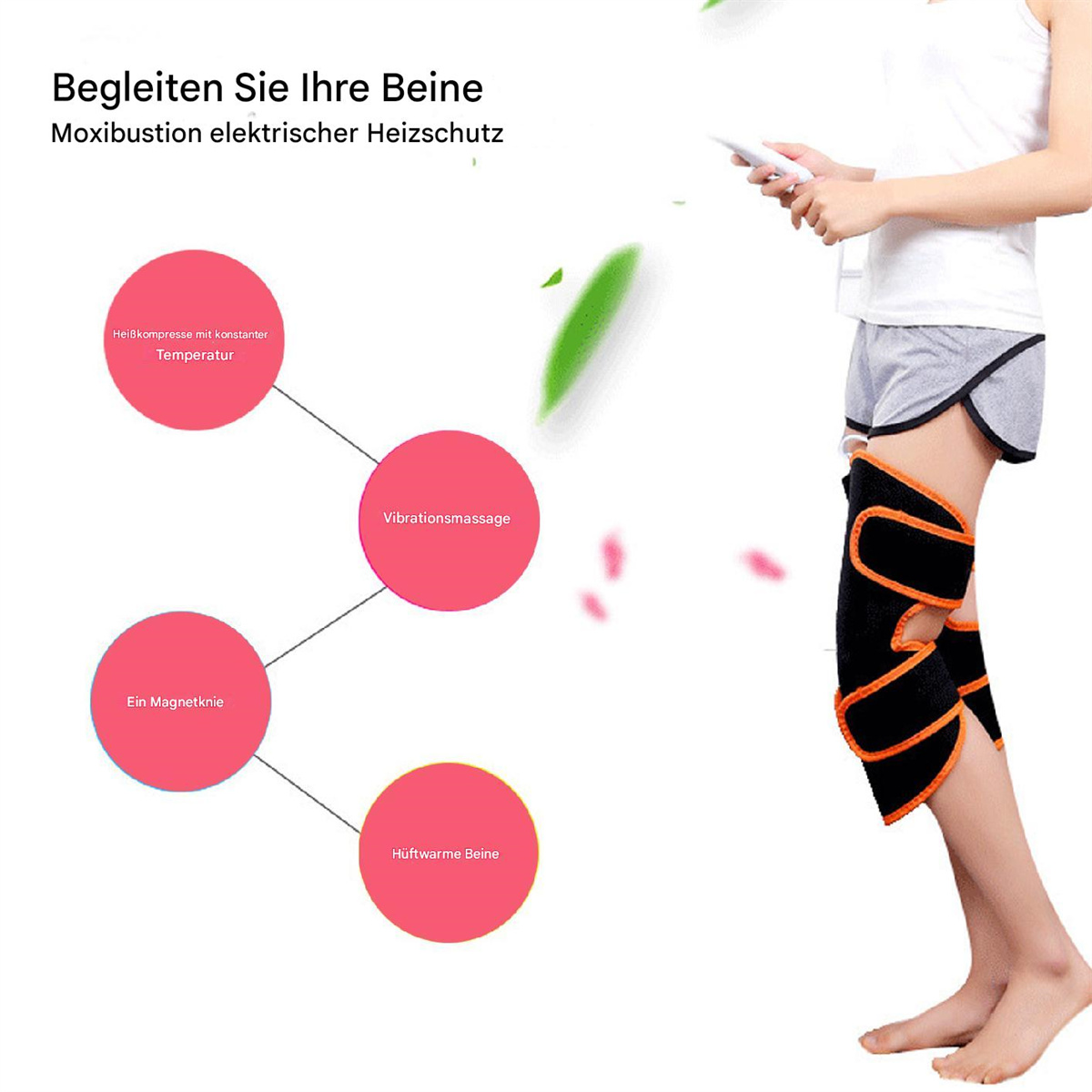 Diagramm, das Kniestütze mit Wärme- und Vibrationsfunktionen zeigt.