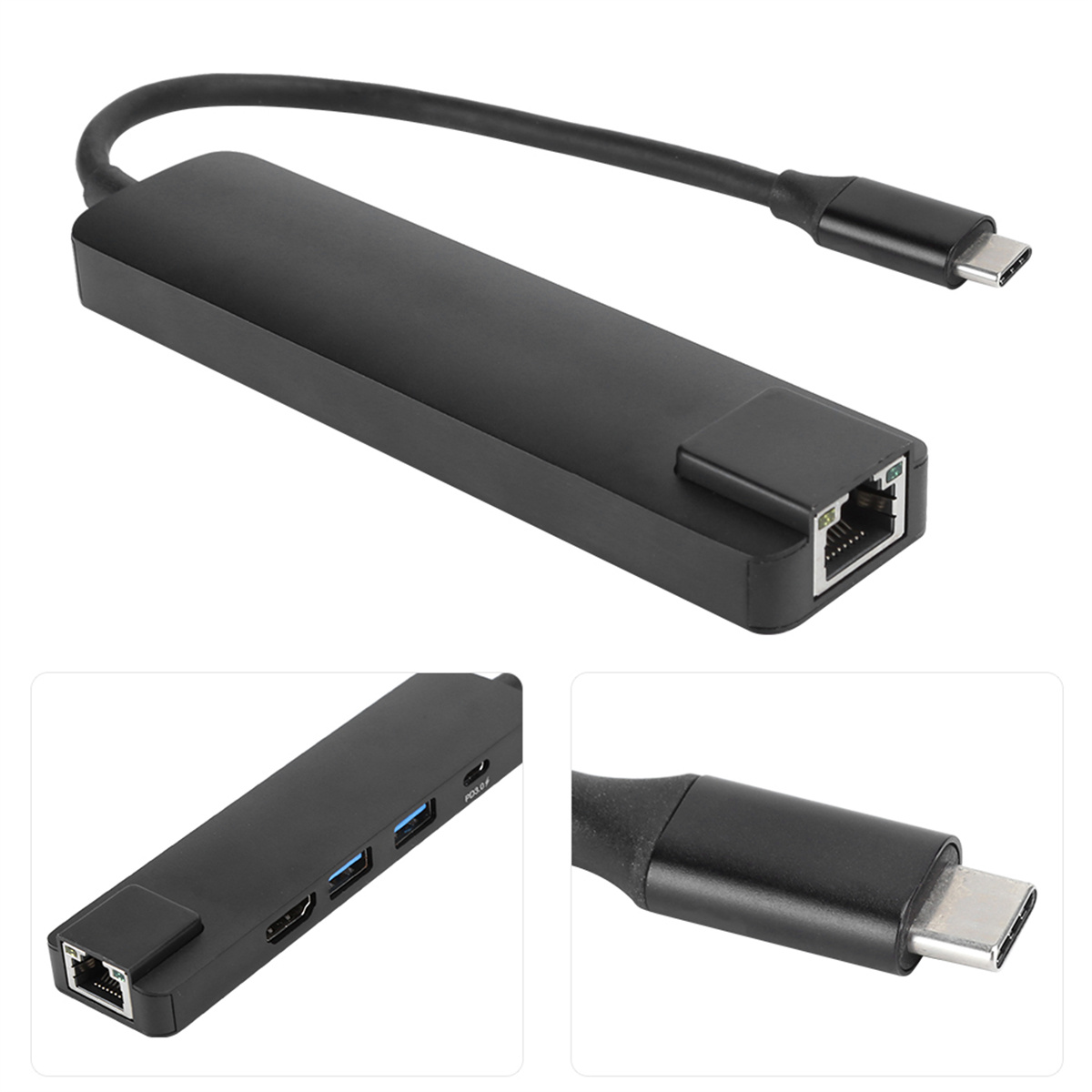 Schwarzer USB-C-Hub mit mehreren Anschlüssen, darunter USB, Ethernet und HDMI.