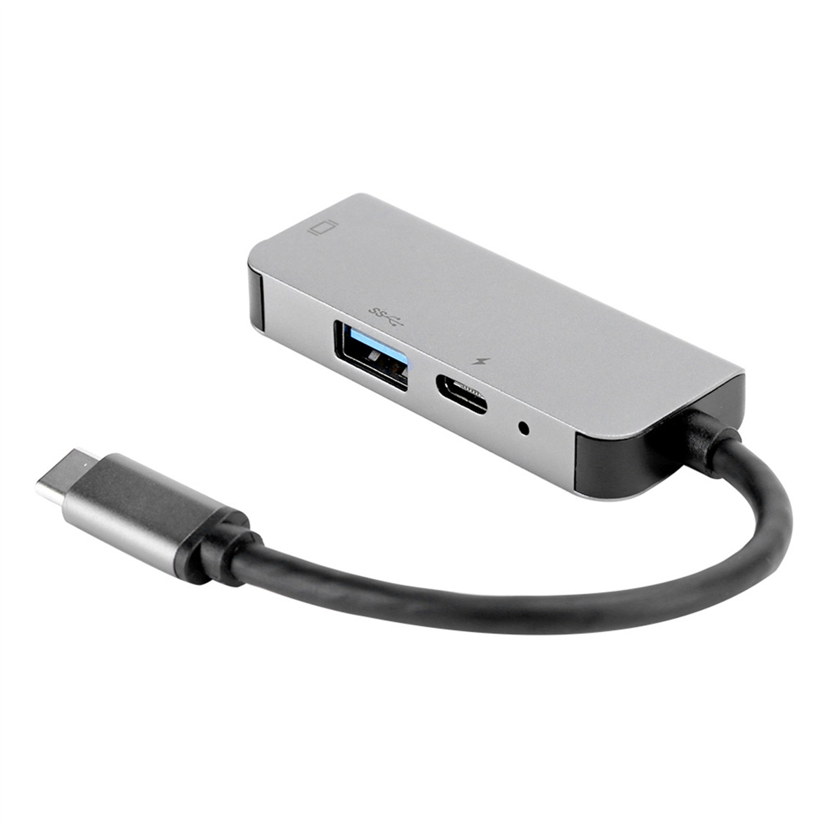 Ein silberner USB-C-Hub mit mehreren Anschlüssen. Er hat einen USB-Anschluss, einen USB-C-Anschluss und ein Kabel.