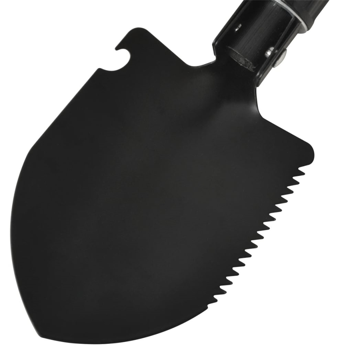 Eine schwarze Klappschaufel mit gezahntem Rand und Haken.