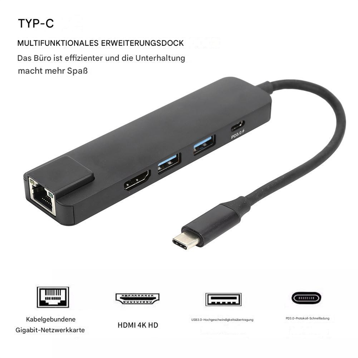 Ein schwarzer USB-C-Hub mit mehreren Anschlüssen, die mit verschiedenen Funktionen beschriftet sind.